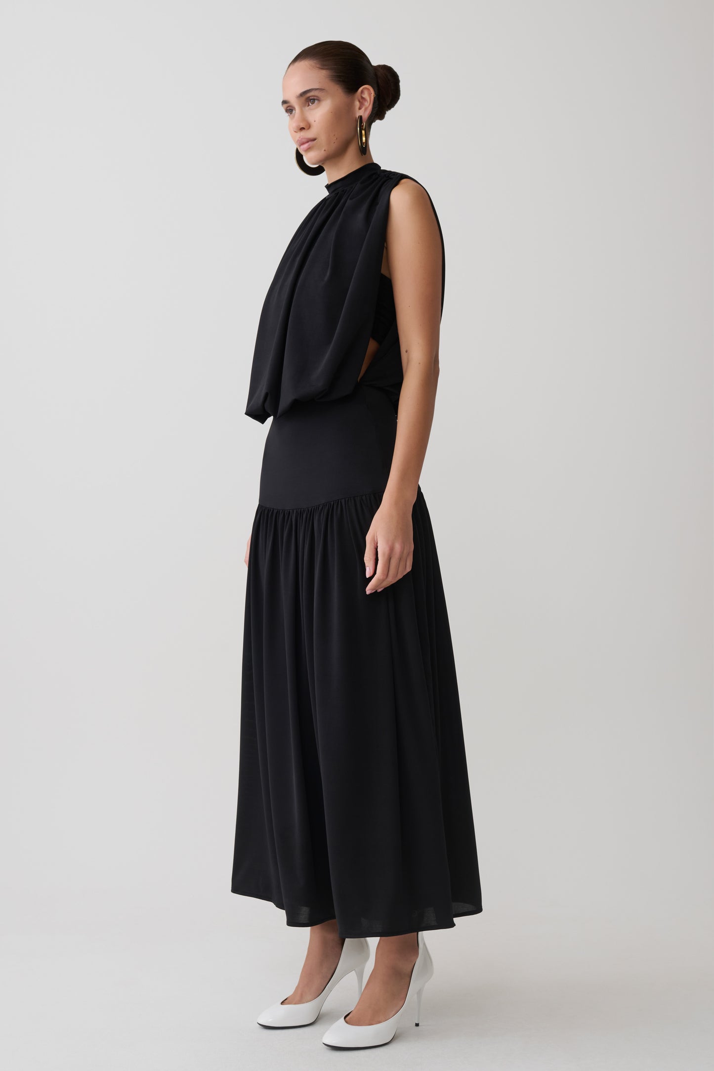 True Drop Waist Gathered Midi Dress - Black