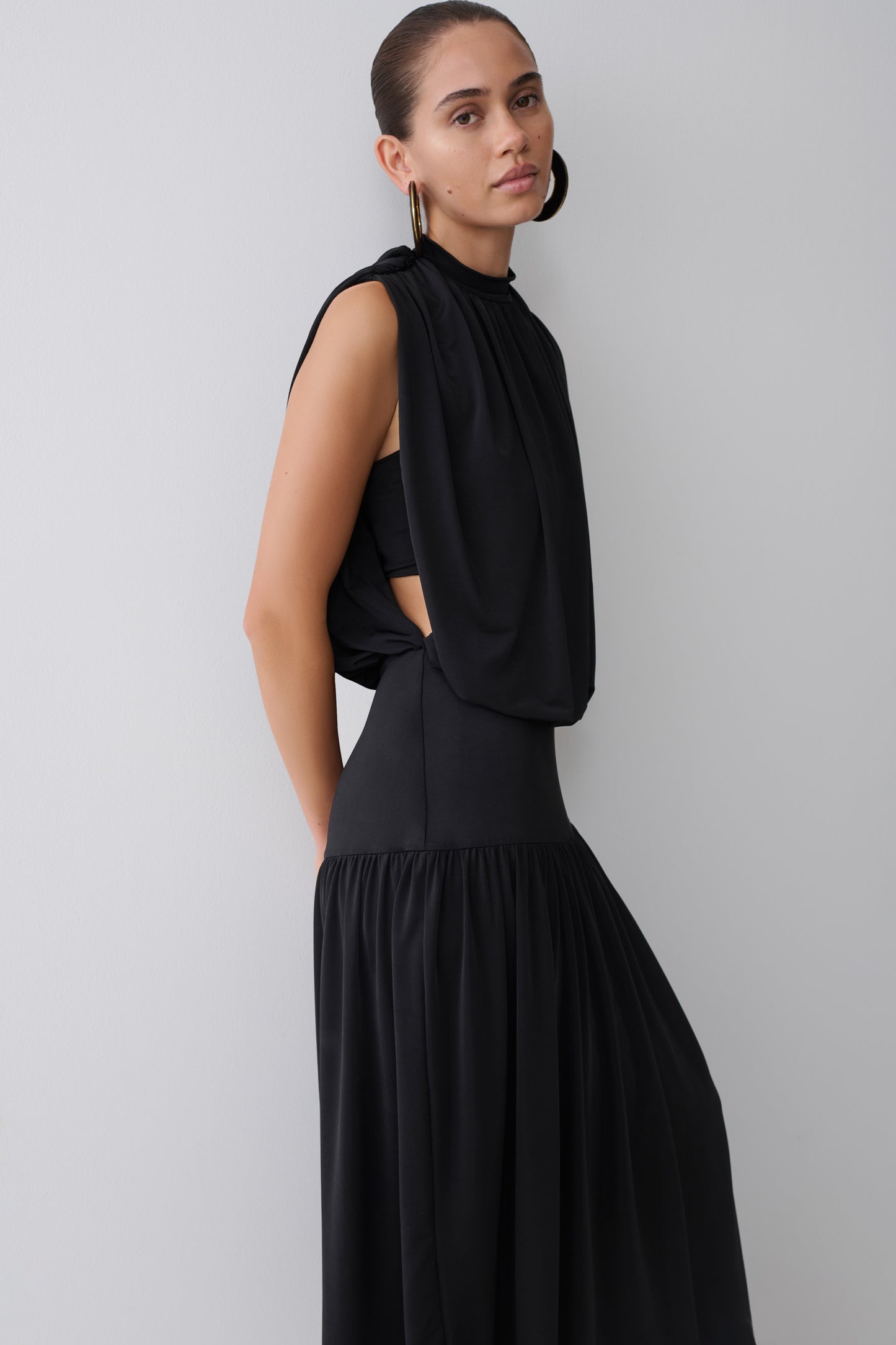 True Drop Waist Gathered Midi Dress - Black