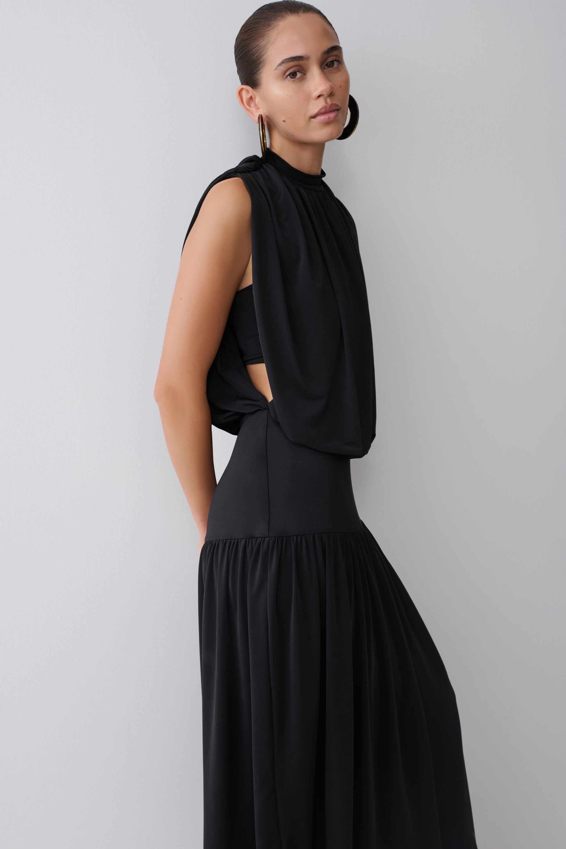 True Drop Waist Gathered Midi Dress - Black #7