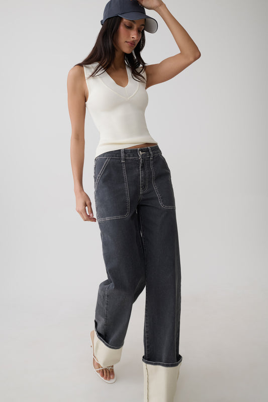 Hellen Cuff Denim Pants - Dark Grey