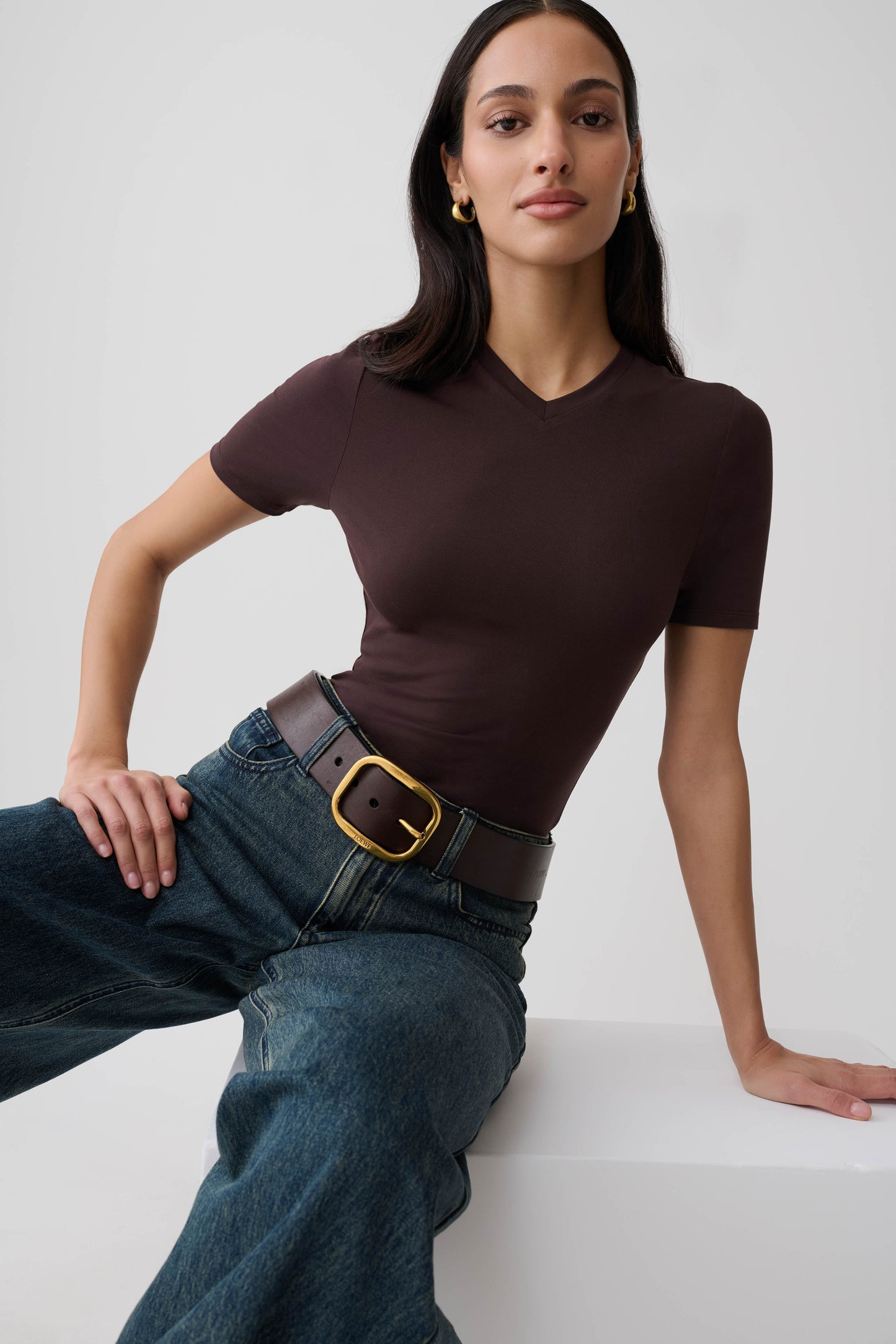 Janelle High V Neck Short Sleeve Top - Chocolate
