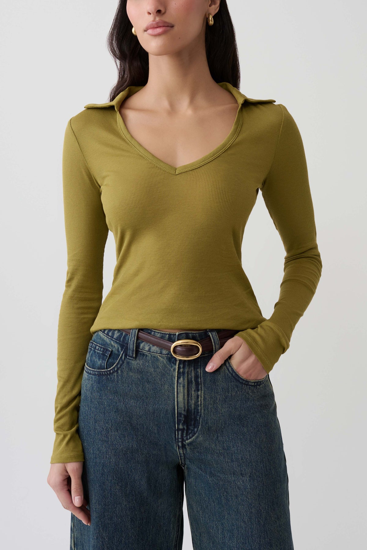 Jessina Collared Long Sleeve Top - Olive