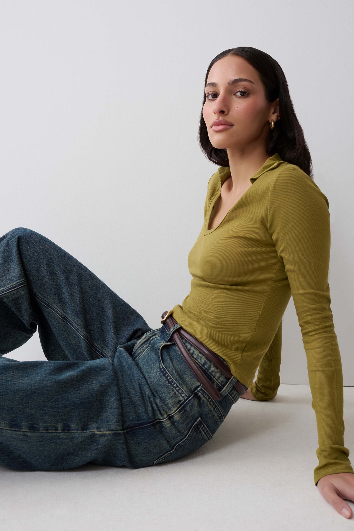 Jessina Collared Long Sleeve Top - Olive #3