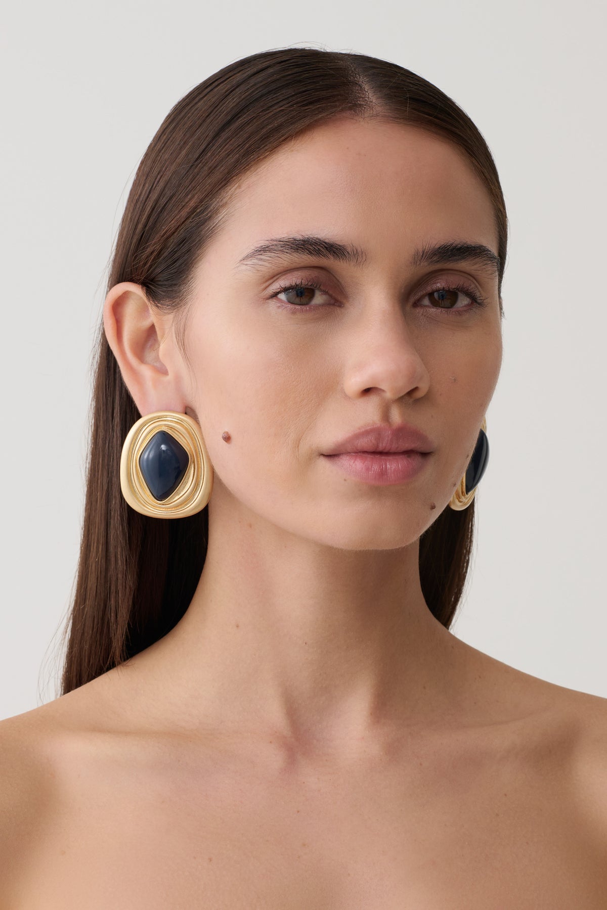 Eurydice Framed Stone Stud Earring - Gold/Navy #3