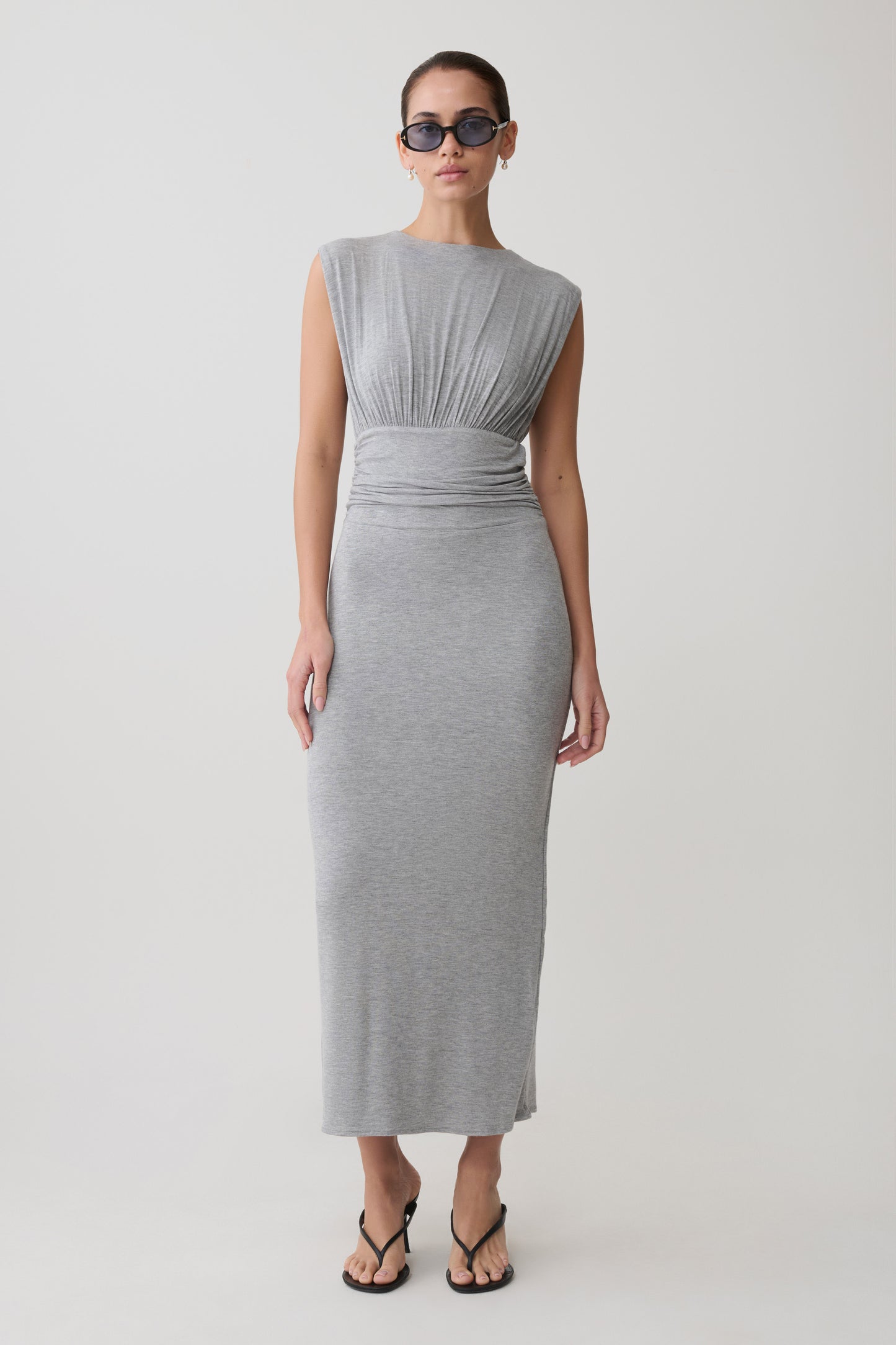 Kura Ruched Modal Sleeveless Midi Dress - Grey Marle
