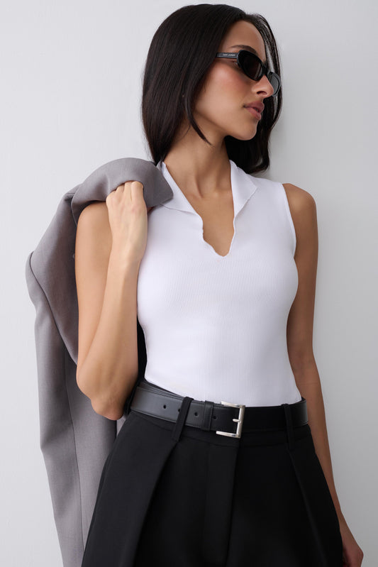Myrtle Ribbed Sleeveless Lapel Top - White