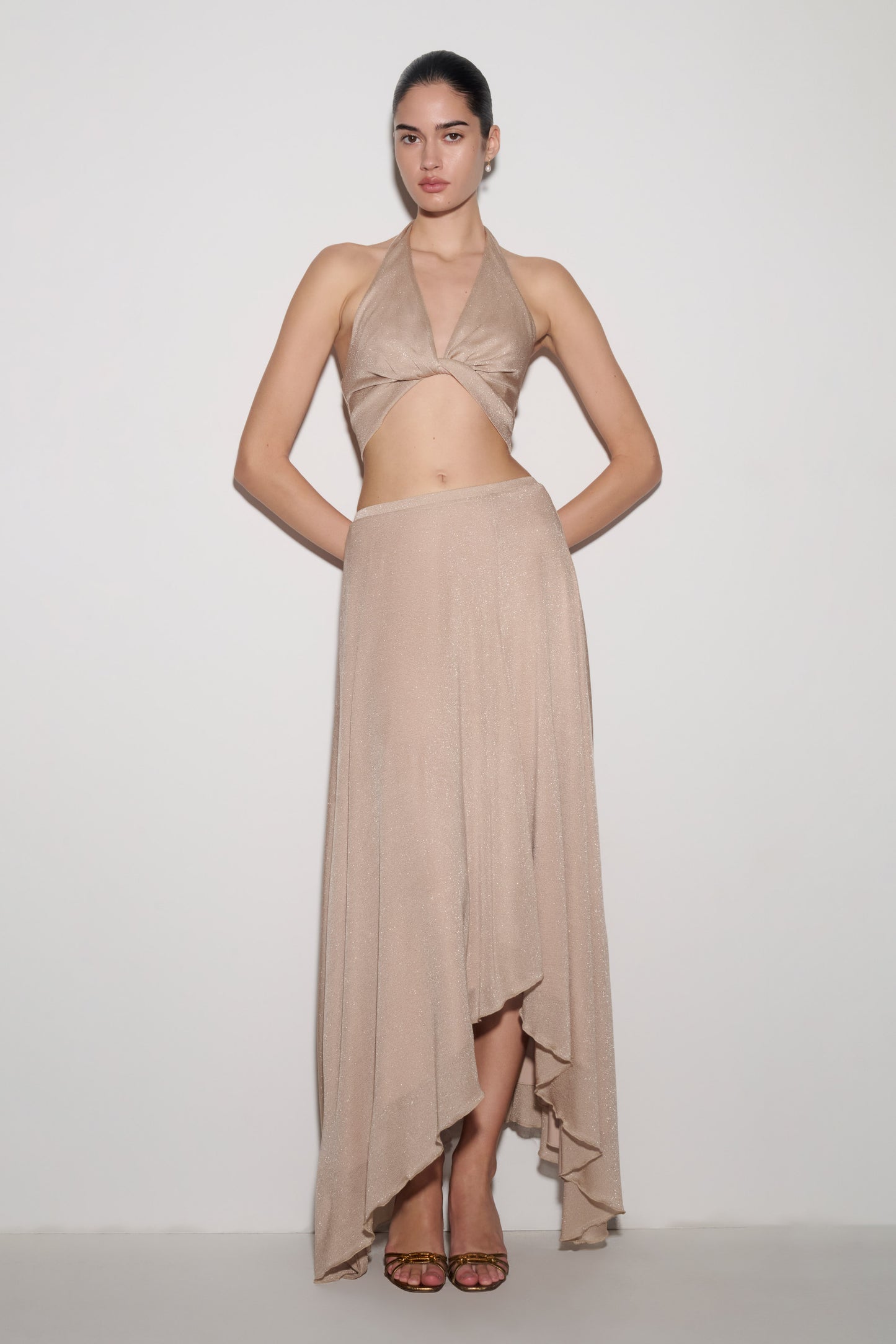 Nola Draped Lurex Halter Top - Gold