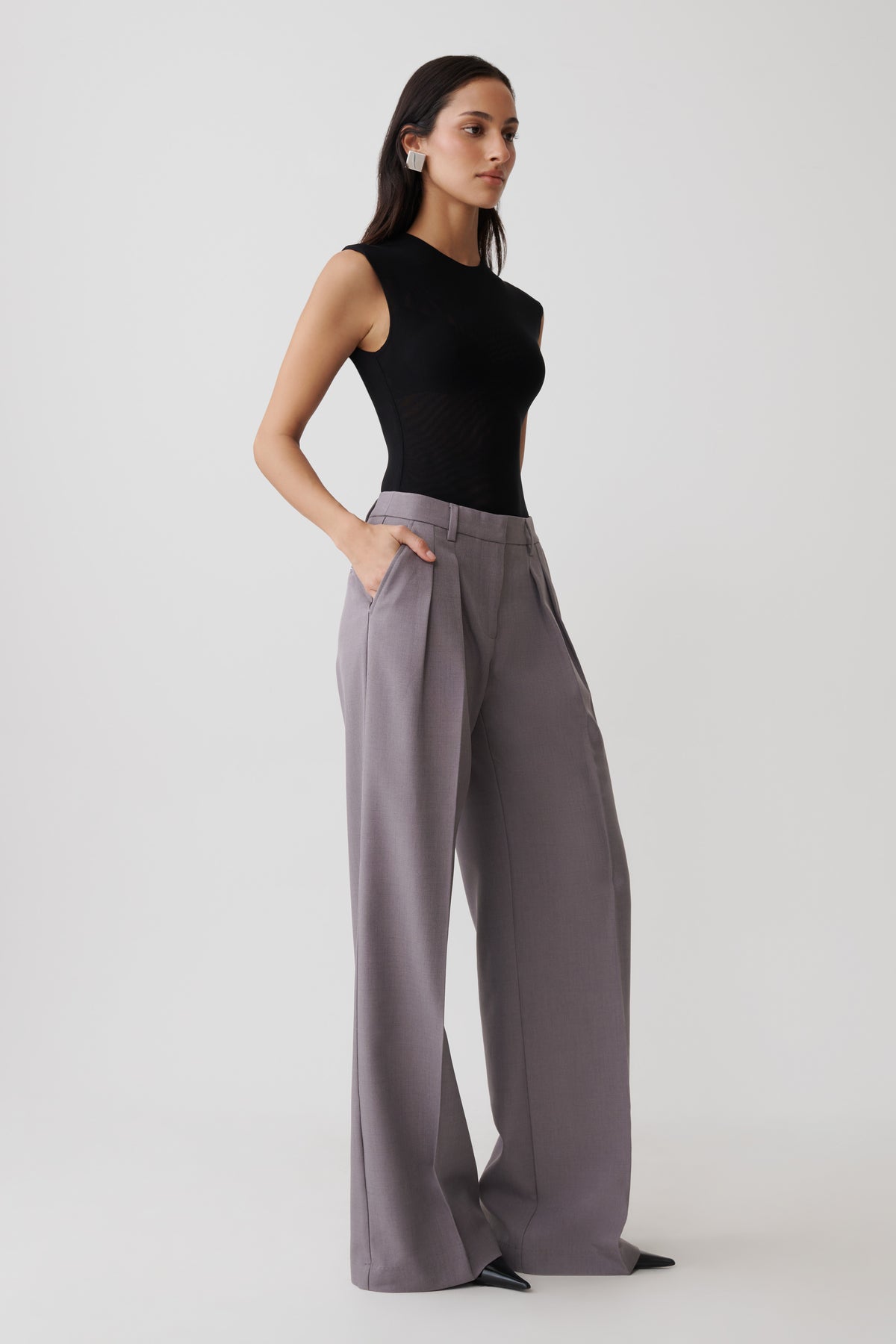 Phoebe Straight Leg Suiting Pants - Light Grey Marle