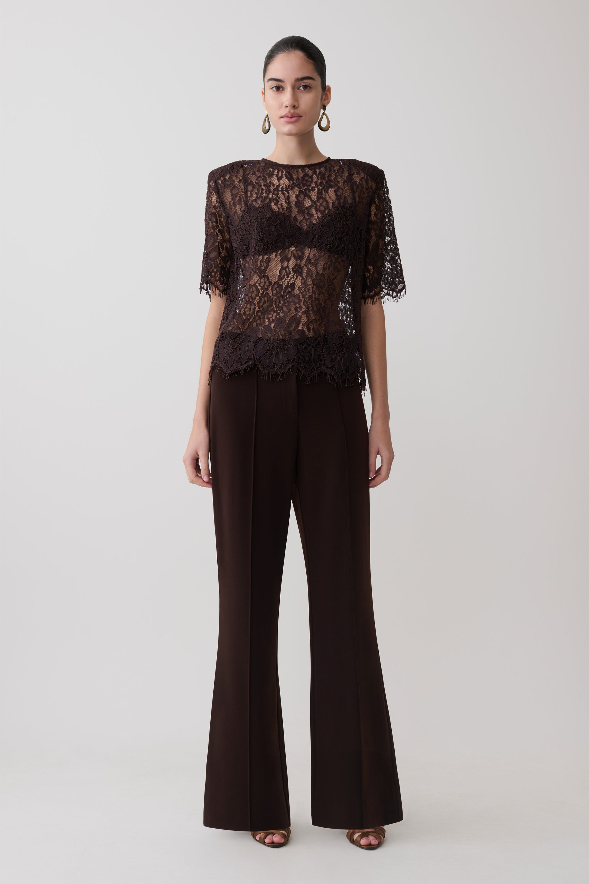 Harlyn Shoulder Pad Short Sleeve Lace Top - Dark Chocolate #7