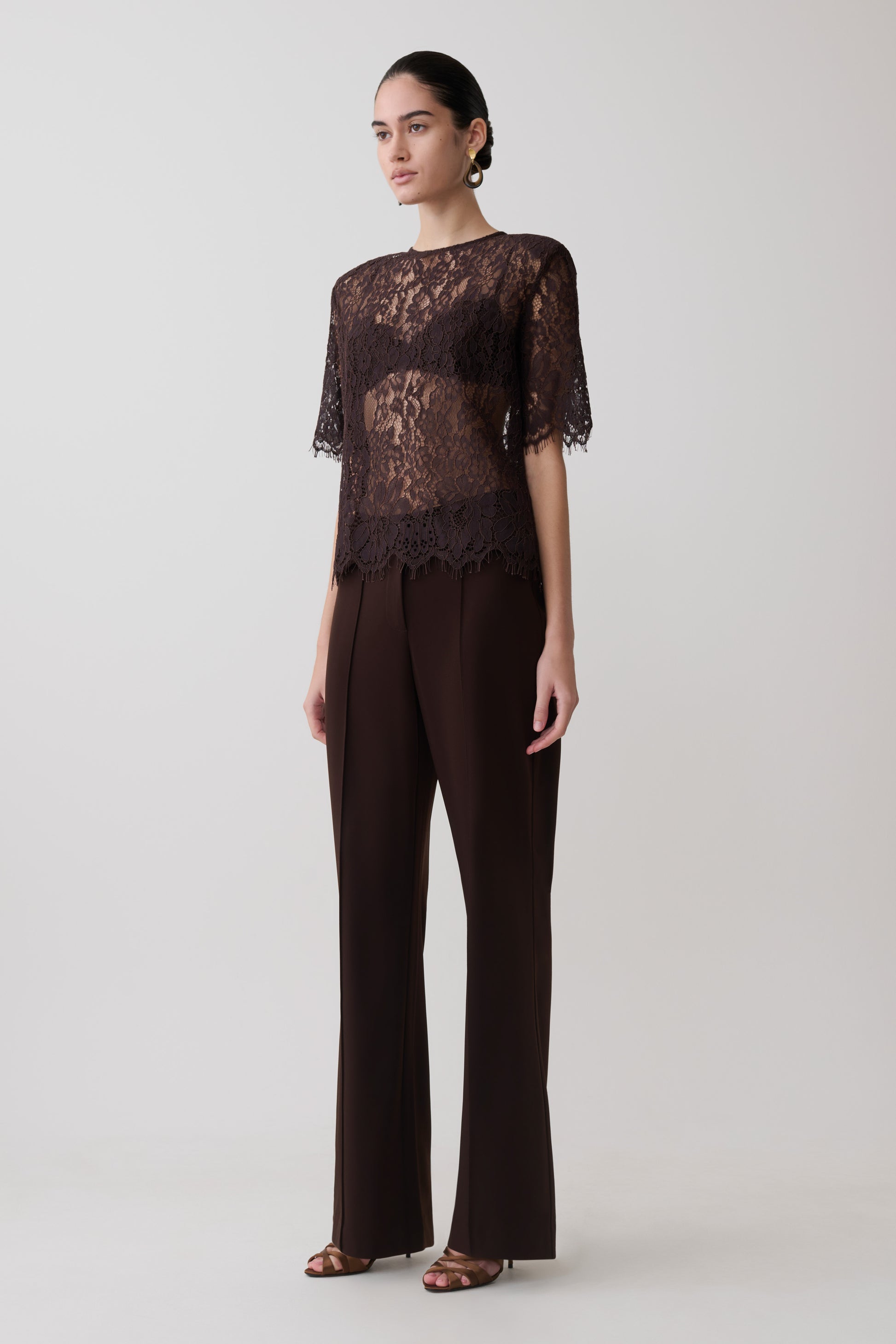 Harlyn Shoulder Pad Short Sleeve Lace Top - Dark Chocolate #4