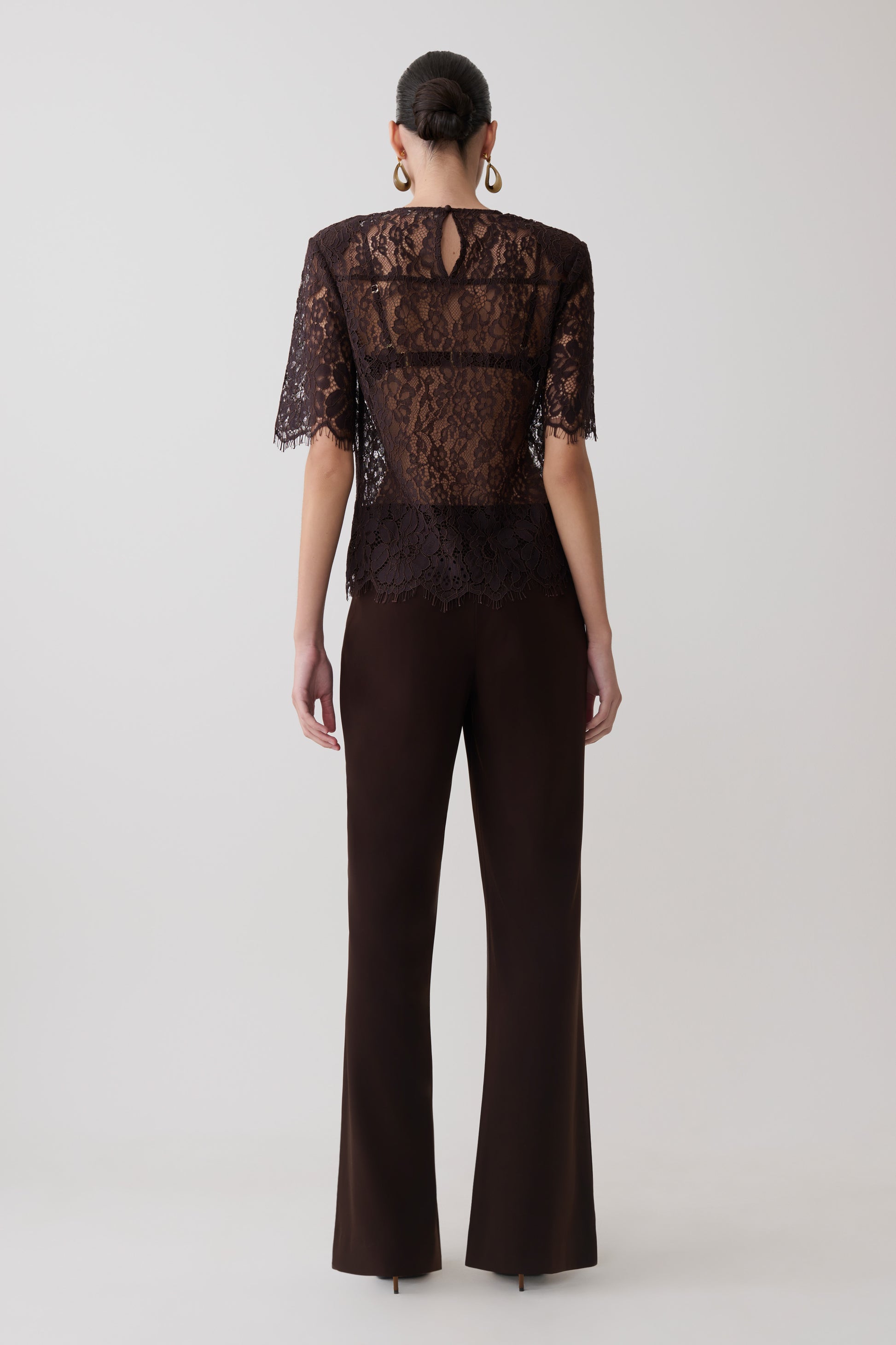 Harlyn Shoulder Pad Short Sleeve Lace Top - Dark Chocolate #5