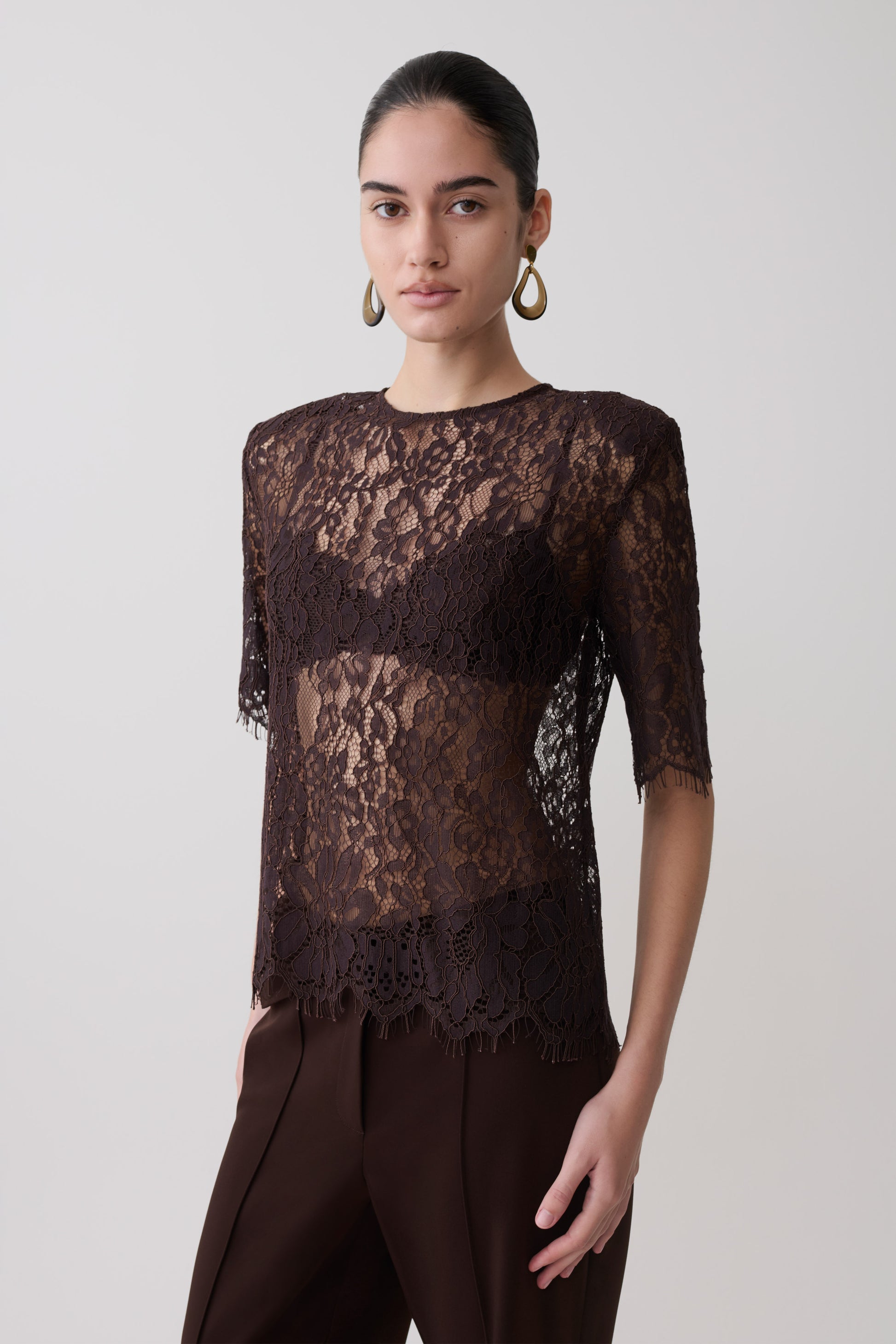 Harlyn Shoulder Pad Short Sleeve Lace Top - Dark Chocolate #3