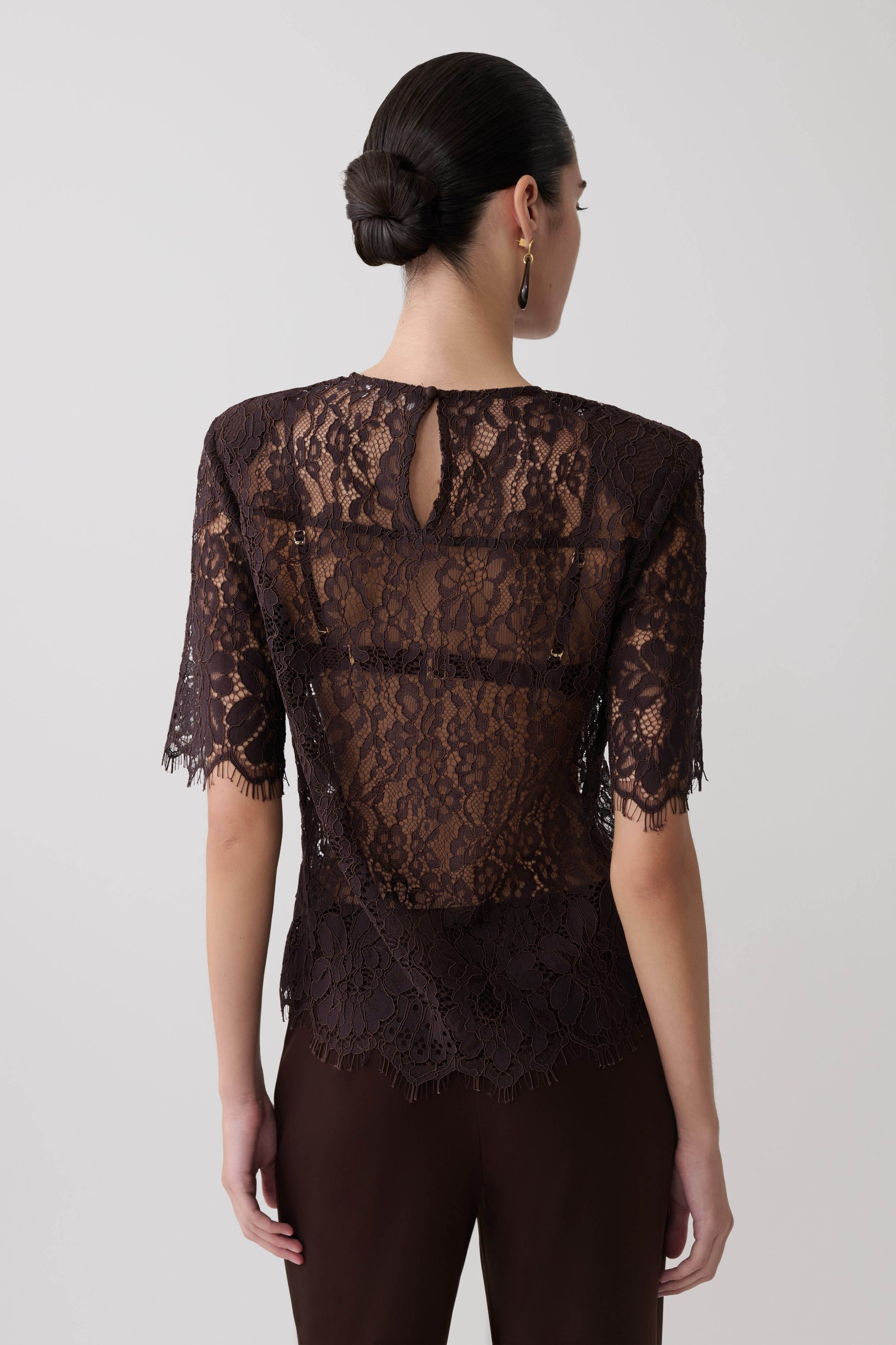 Harlyn Shoulder Pad Short Sleeve Lace Top - Dark Chocolate #2