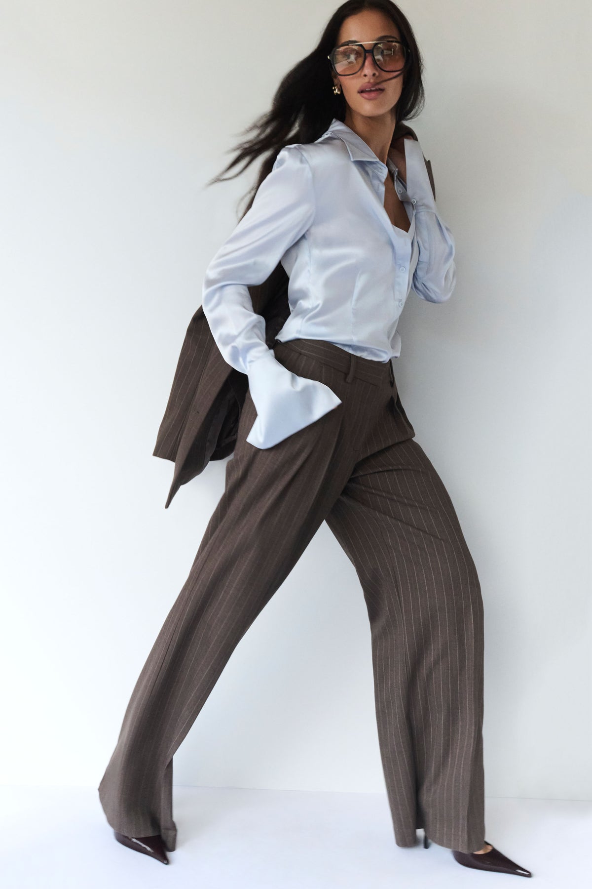 Phoebe Straight Leg Suiting Pants - Brown Stripe