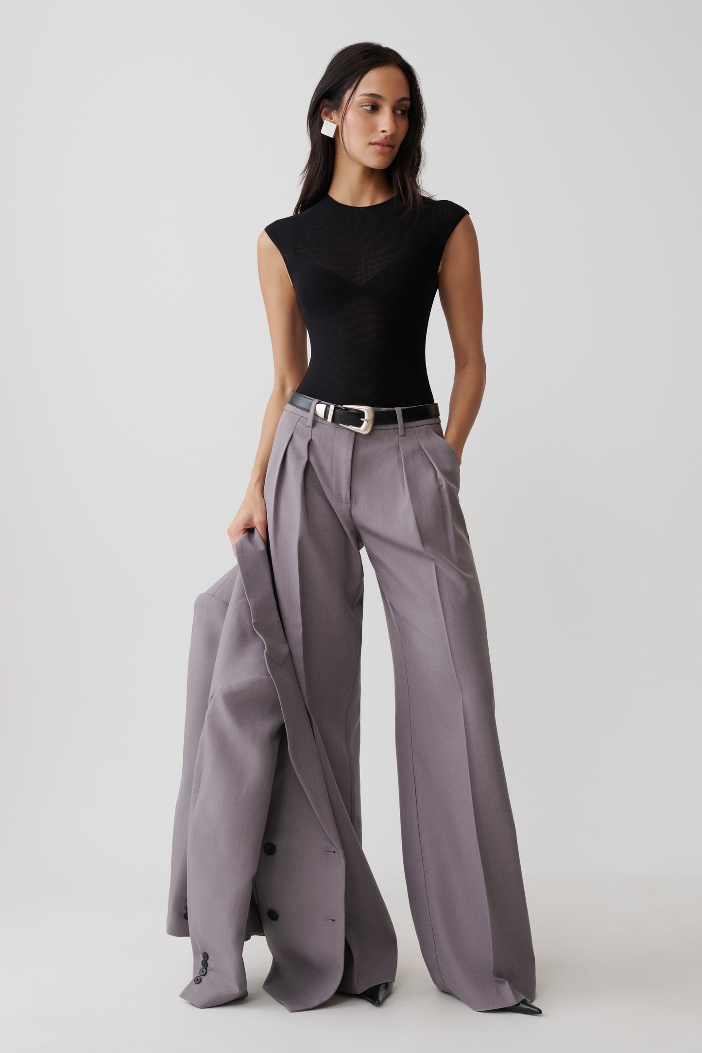 Phoebe Straight Leg Suiting Pants - Light Grey Marle