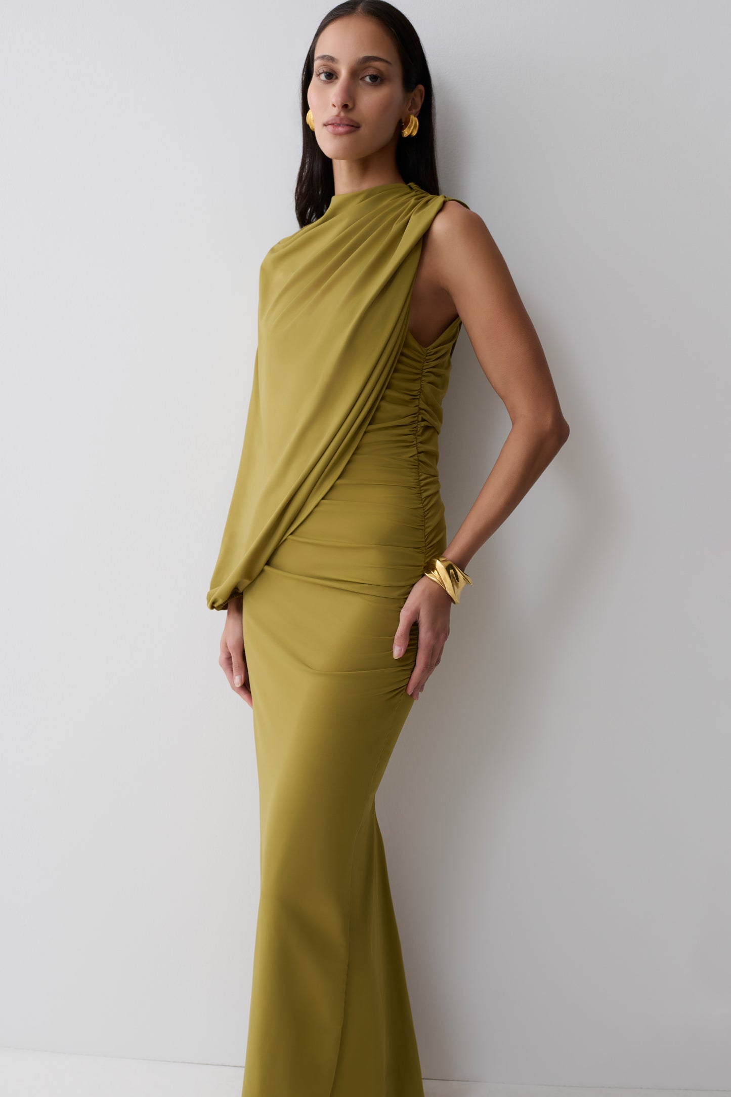 Yuri Gather Sleeve Maxi Dress - Martini Olive