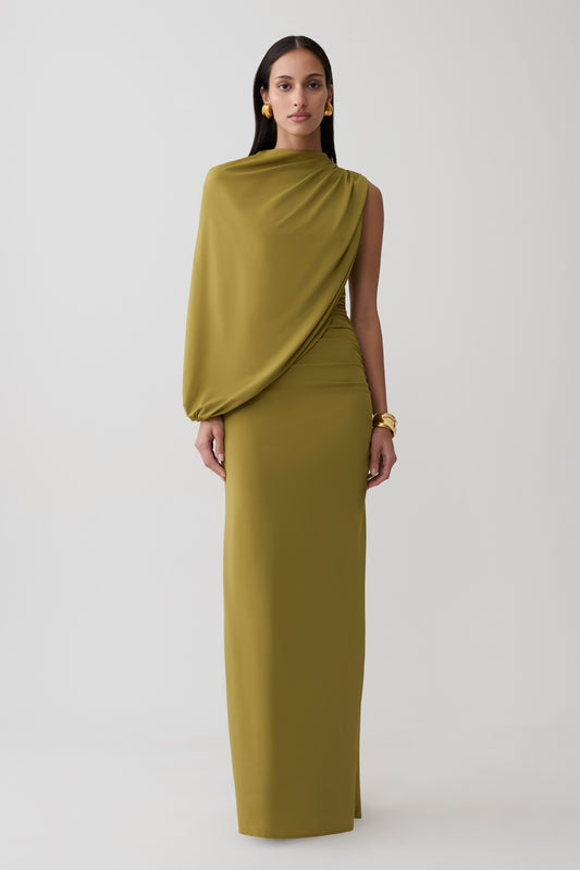 Yuri Gather Sleeve Maxi Dress - Martini Olive
