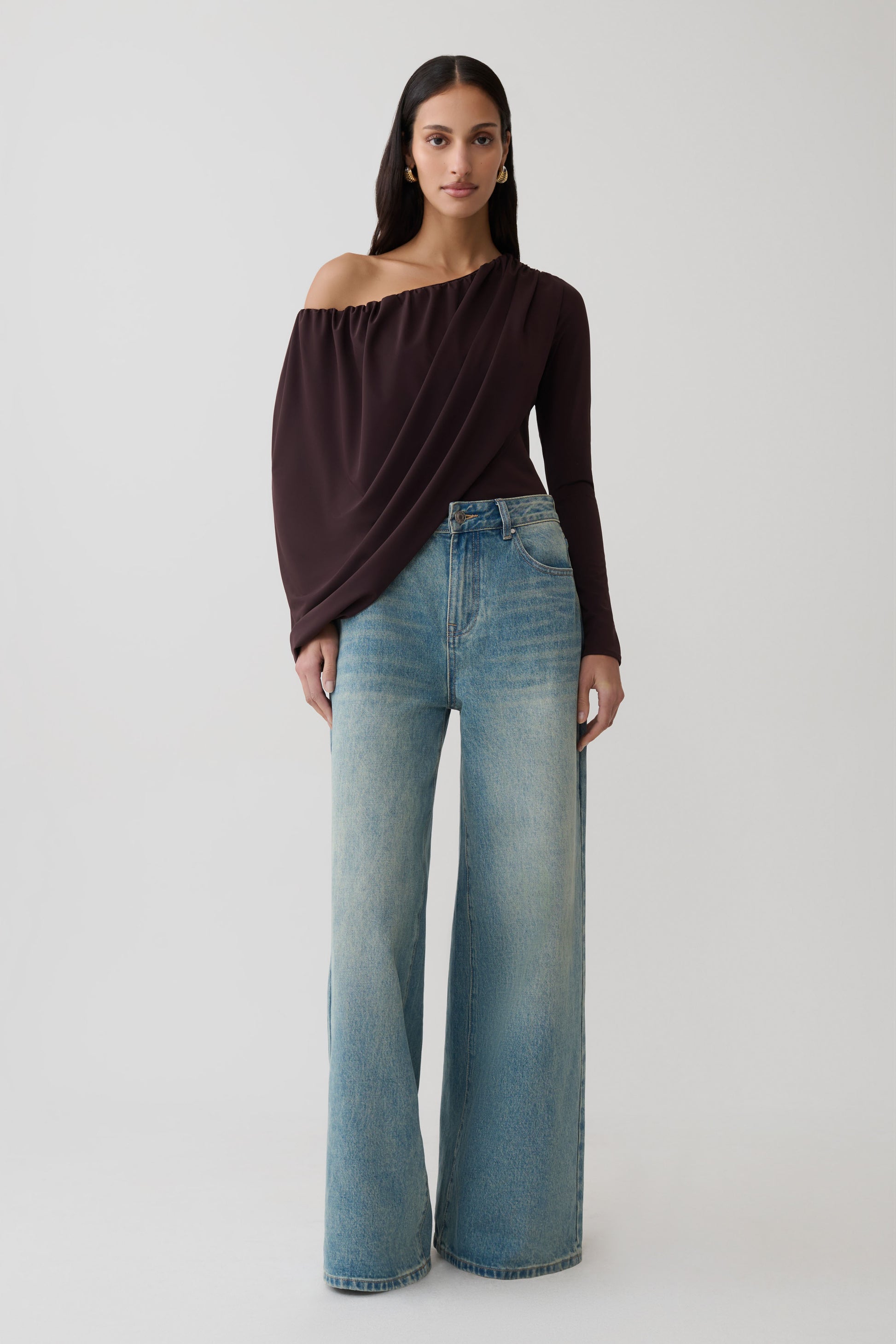Yuri Long Sleeve Off Shoulder Draped Top - Chocolate #6