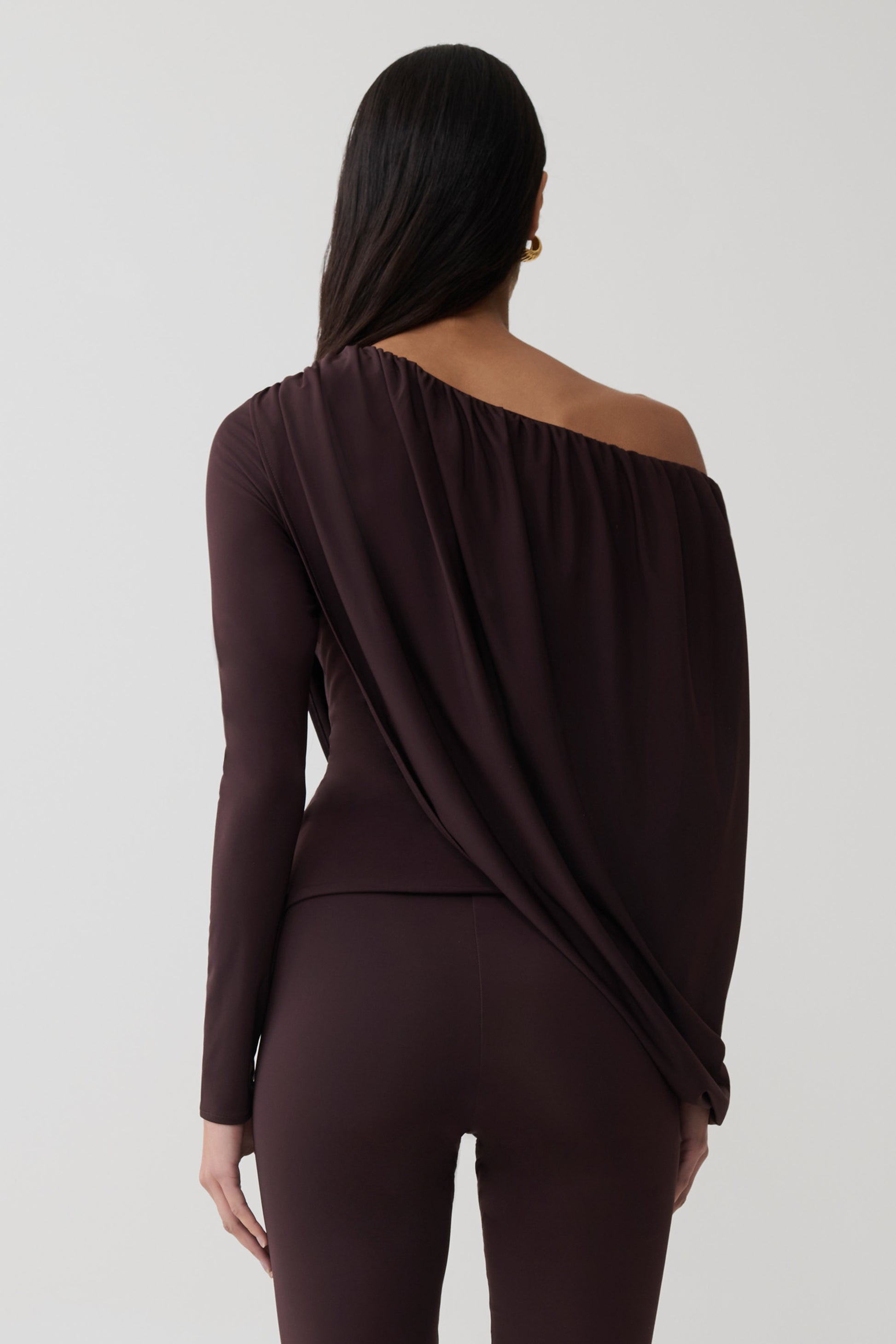 Yuri Long Sleeve Off Shoulder Draped Top - Chocolate #2