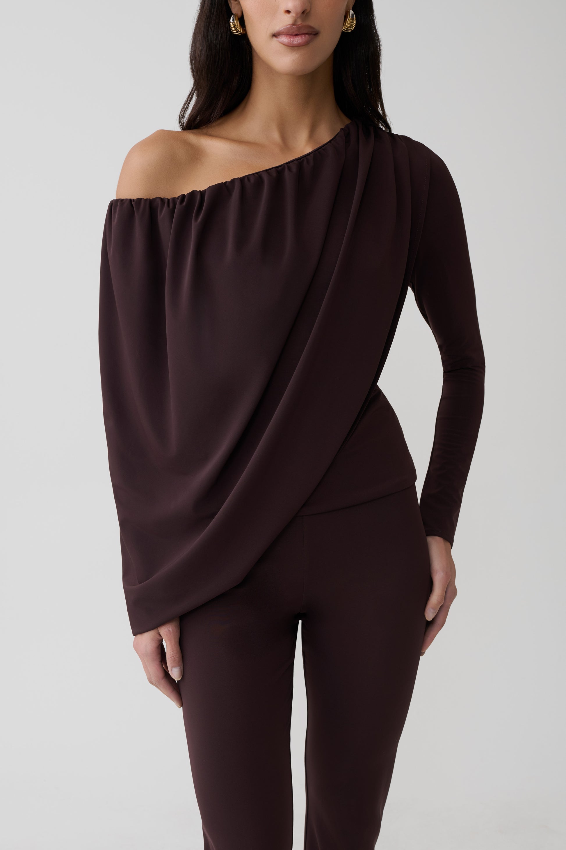 Yuri Long Sleeve Off Shoulder Draped Top - Chocolate #3