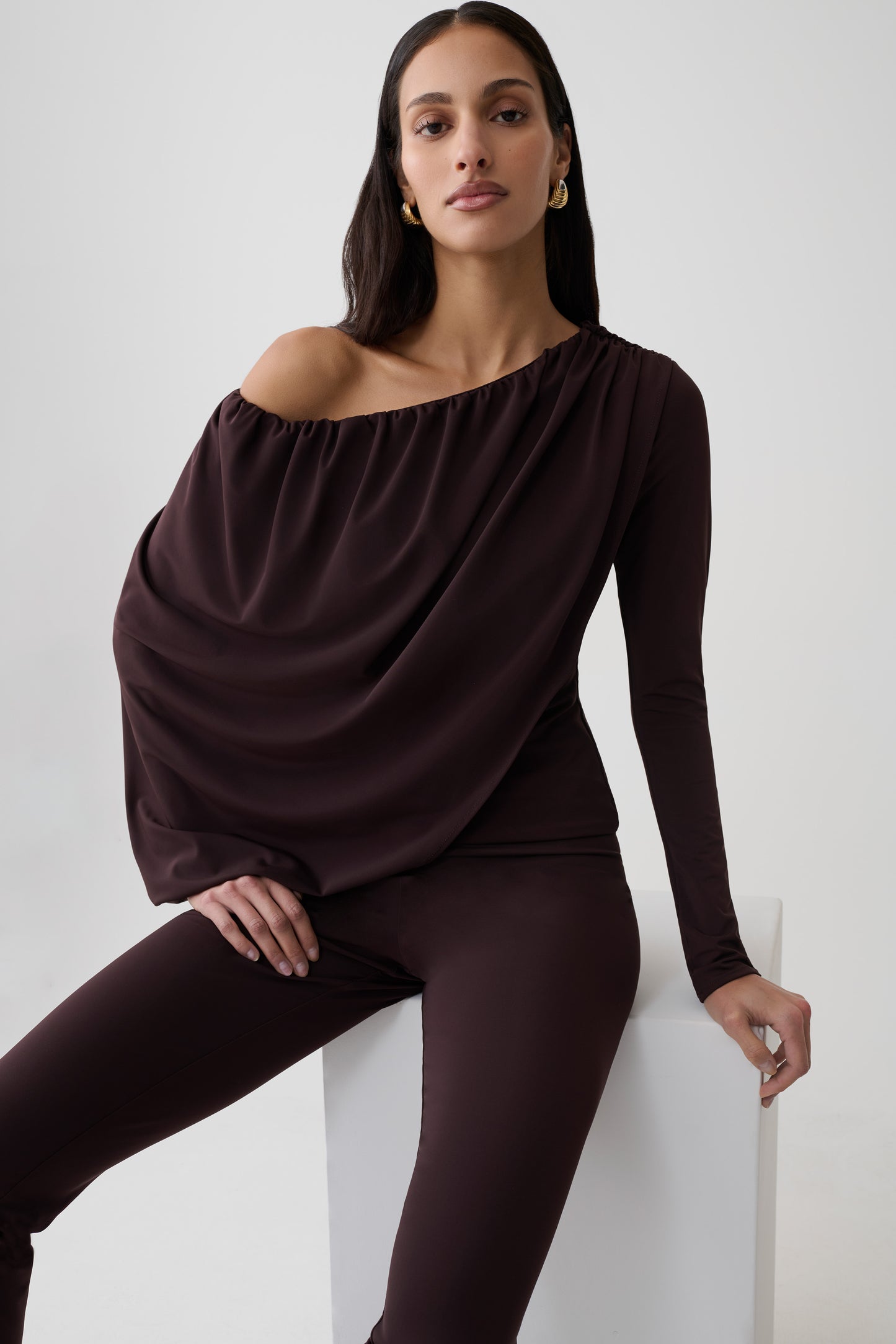 Yuri Long Sleeve Off Shoulder Draped Top - Chocolate