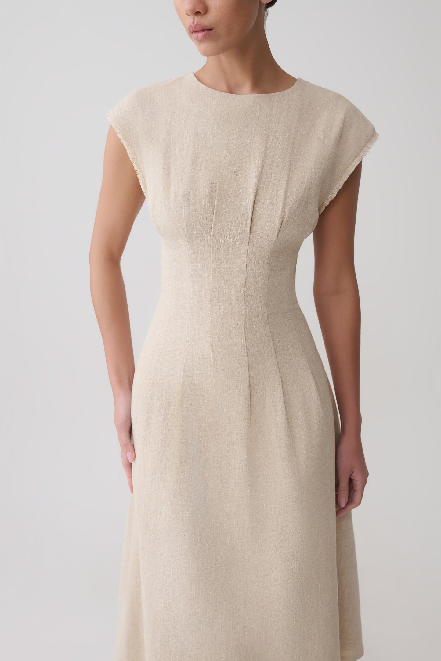 Zinia Linen Cap Sleeve Midi Dress - Natural
