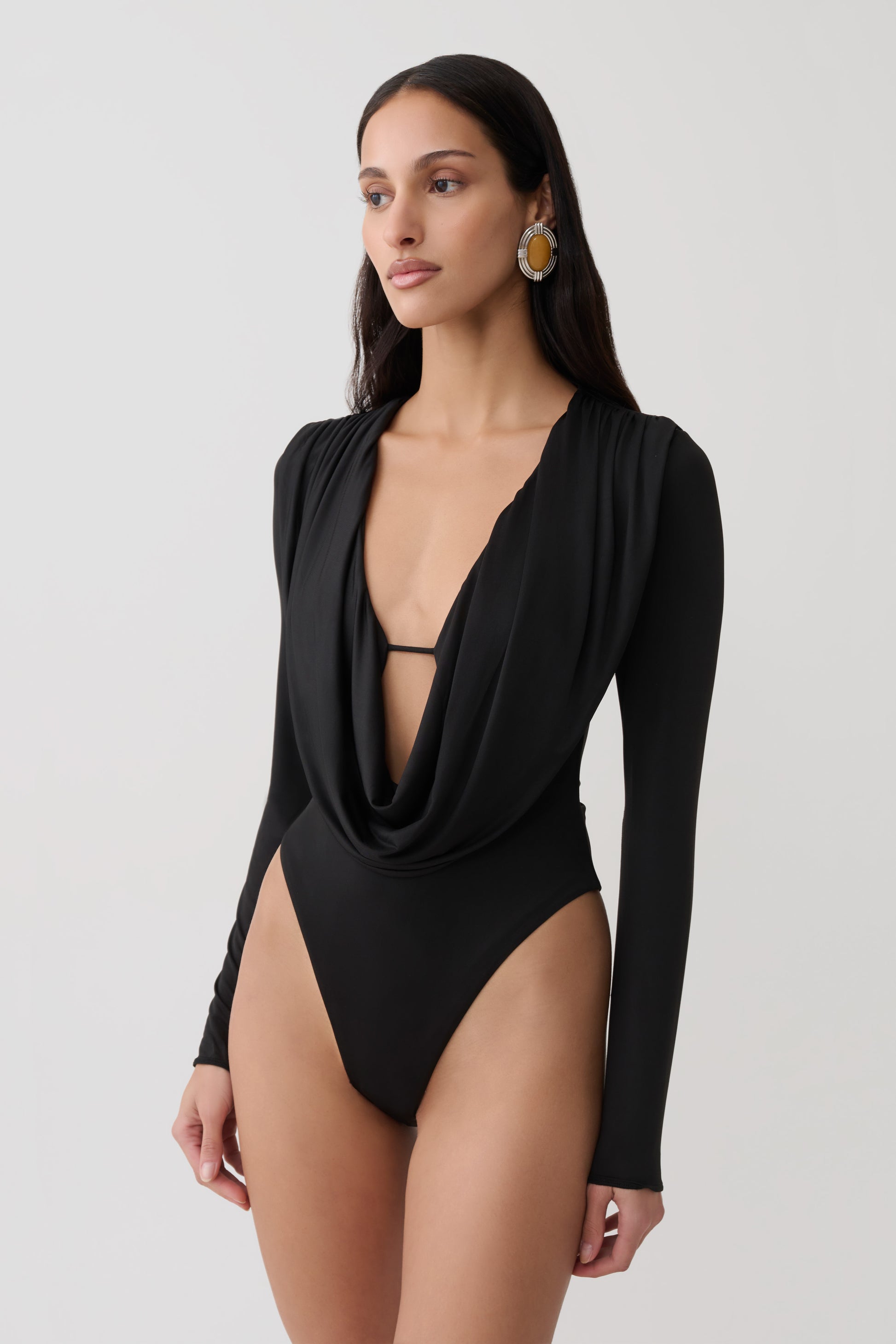 Ren Cowl Long Sleeve Slinky Bodysuit - Black #4