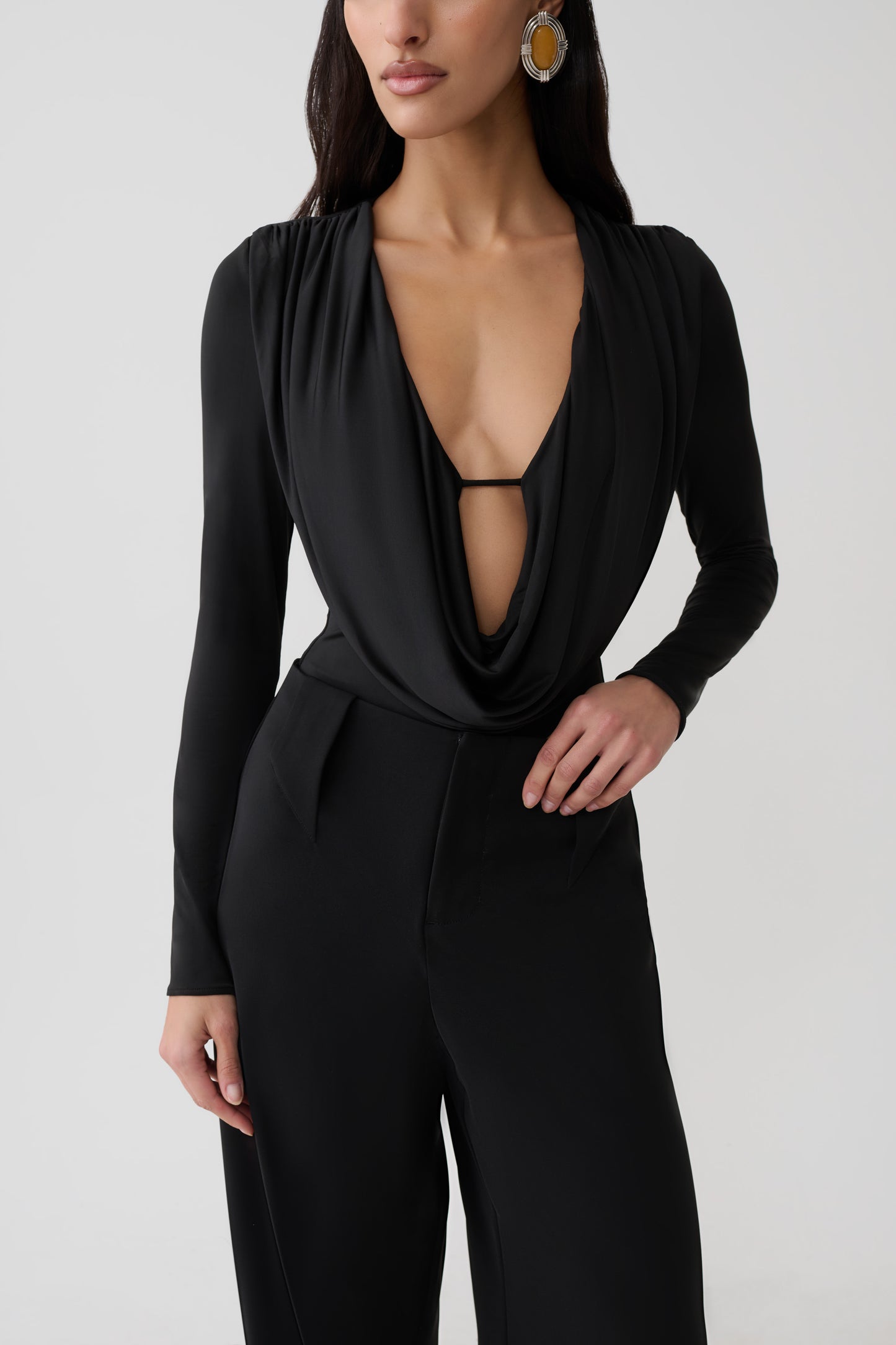 Ren Cowl Long Sleeve Slinky Bodysuit - Black
