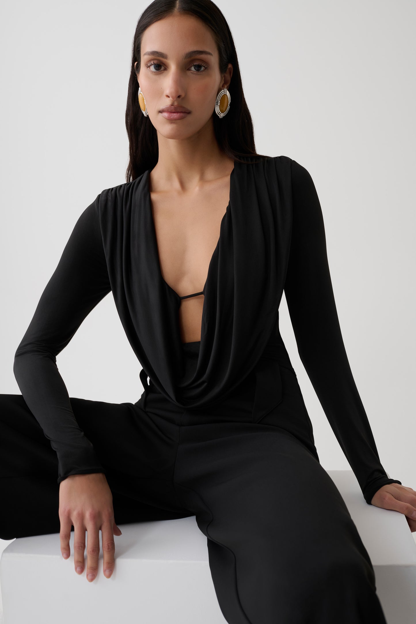 Ren Cowl Long Sleeve Slinky Bodysuit - Black