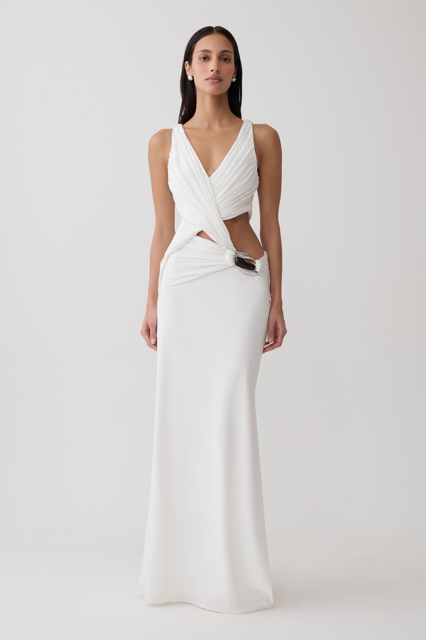 Klein Draped Jersey Gown With Hardware - White