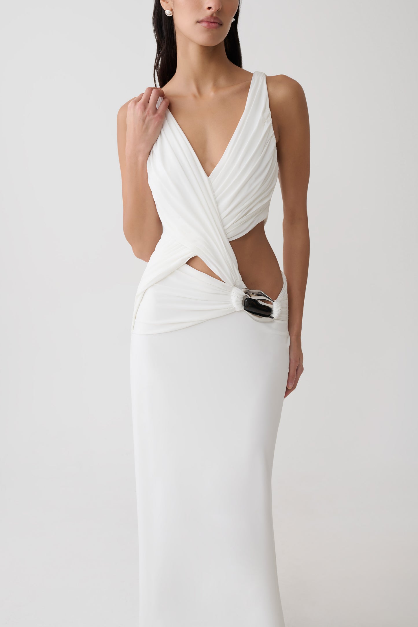 Klein Draped Jersey Gown With Hardware - White