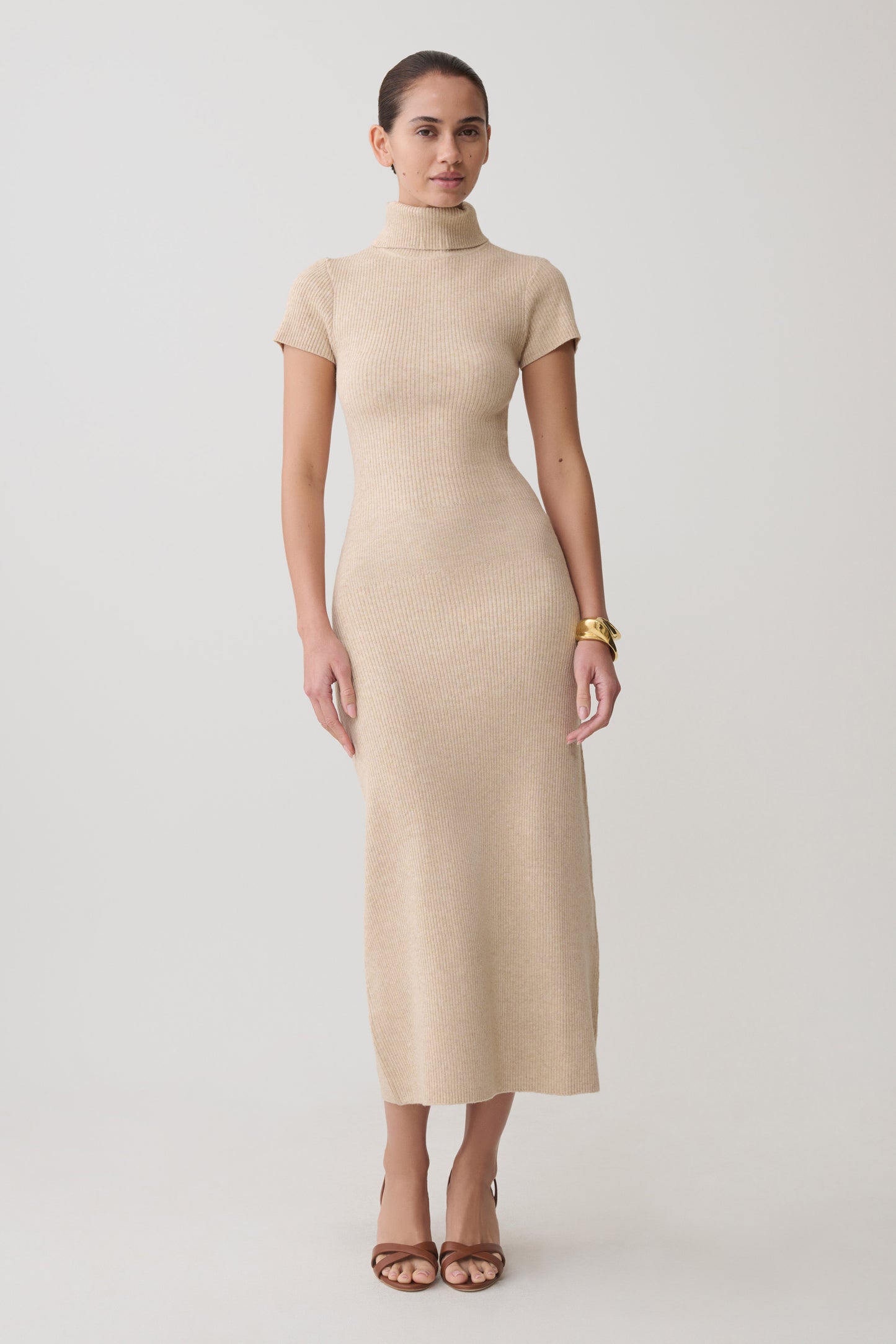 Goldie High Neck Knit Midi Dress - Camel