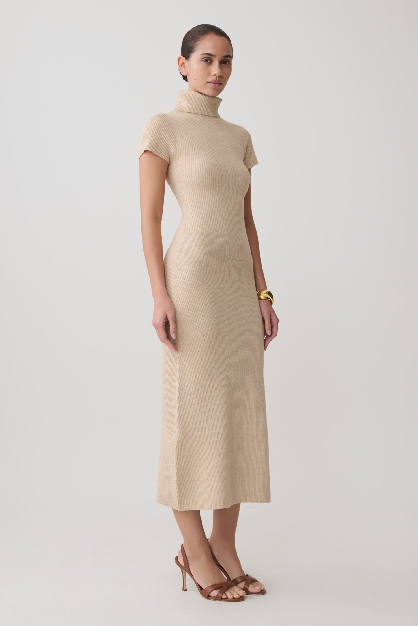 Goldie High Neck Knit Midi Dress - Camel