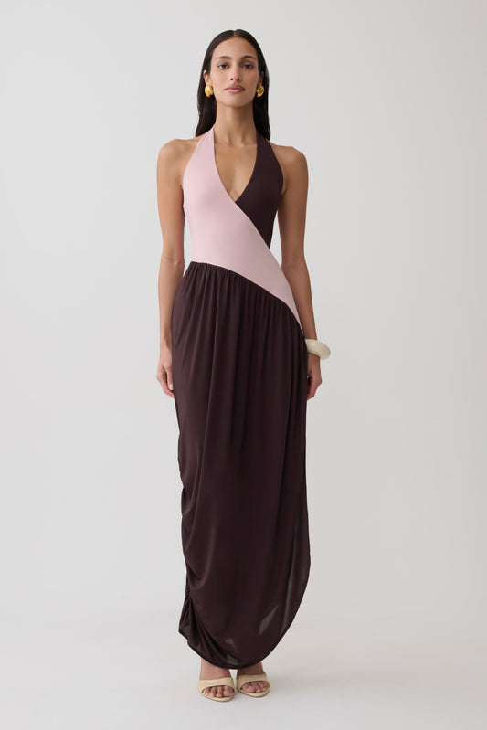 Nari Halter Gathered Maxi Dress - Muted Pink/Dark Chocolate