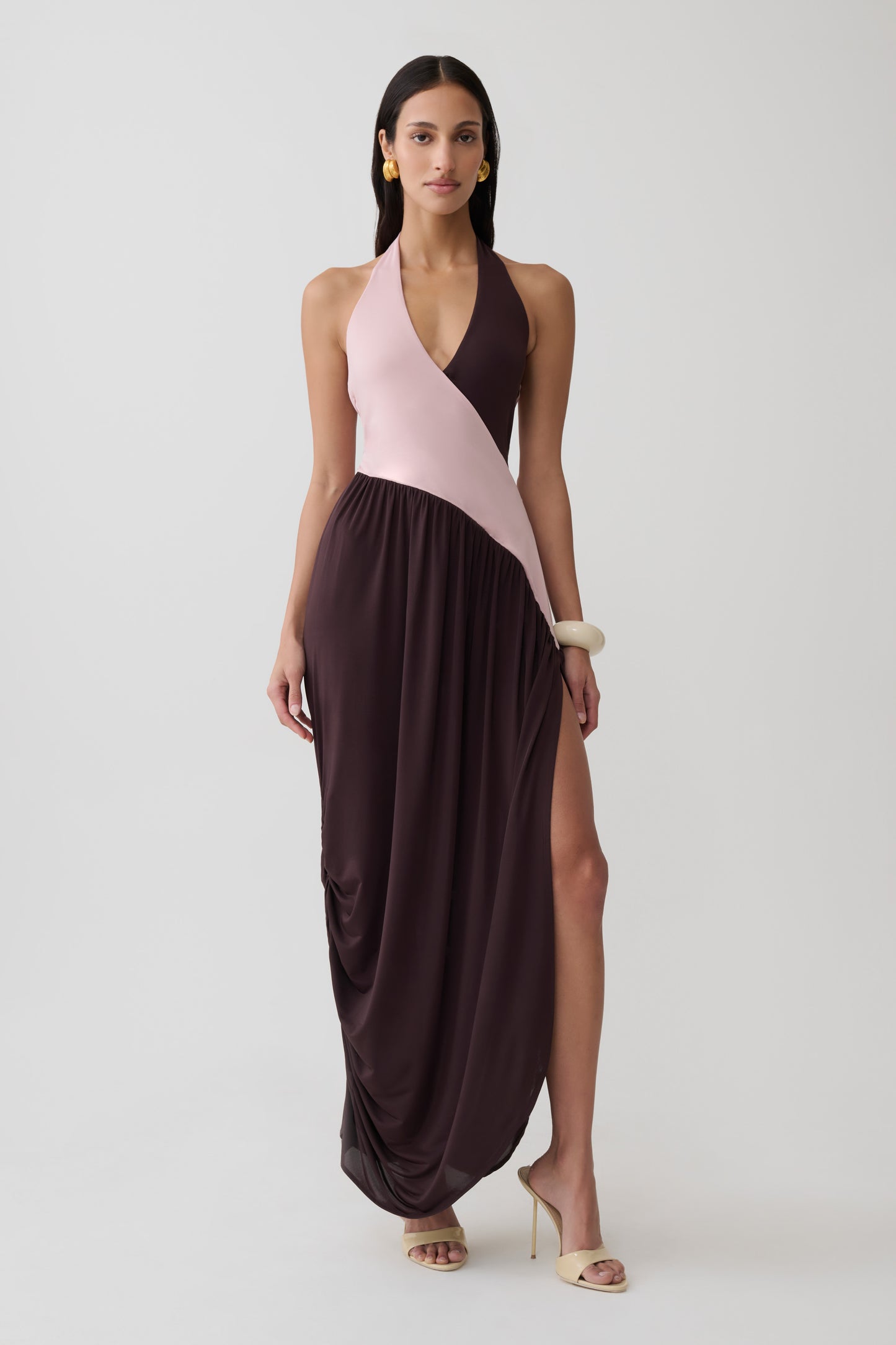 Nari Halter Gathered Maxi Dress - Muted Pink/Dark Chocolate