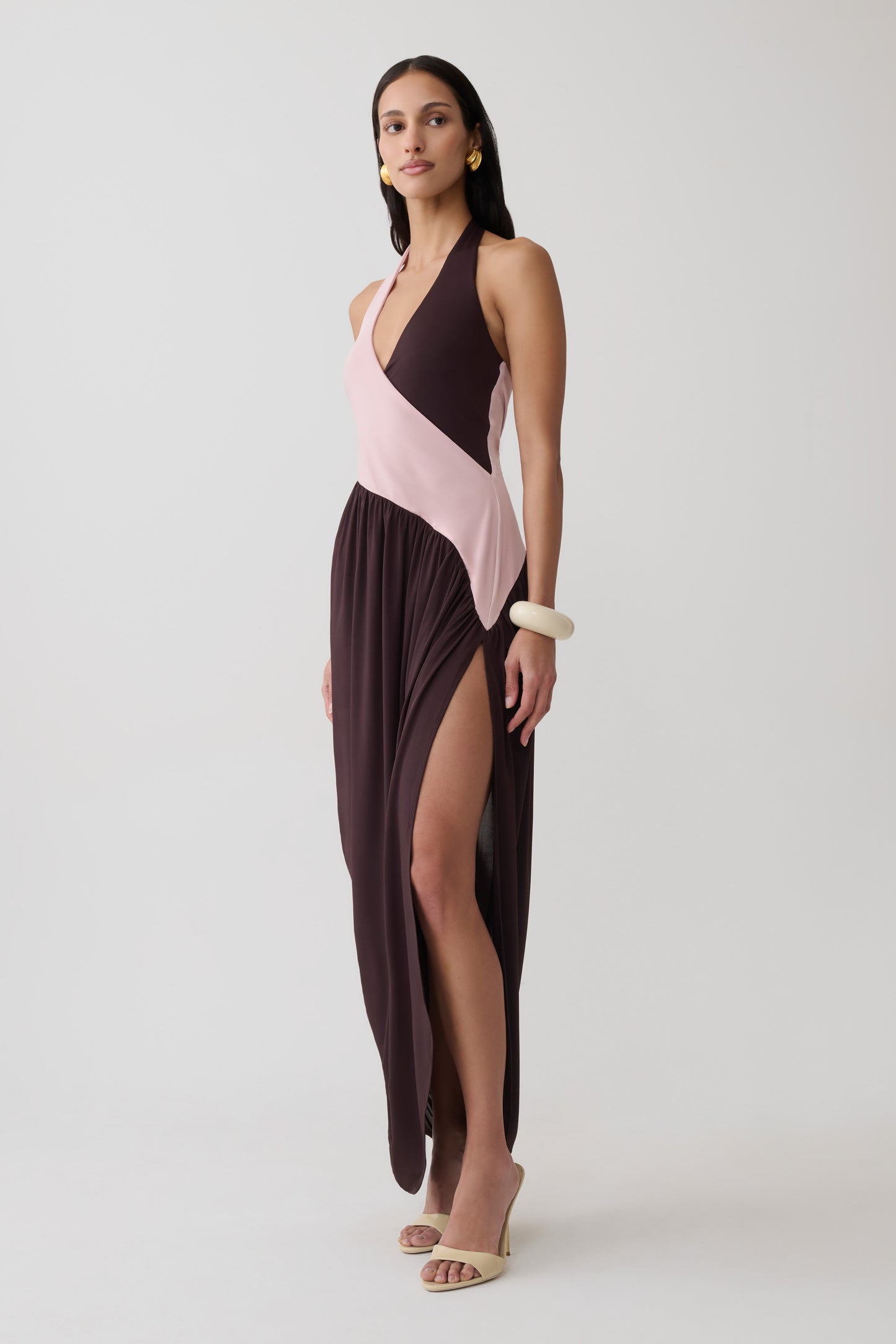 Nari Halter Gathered Maxi Dress - Muted Pink/Dark Chocolate