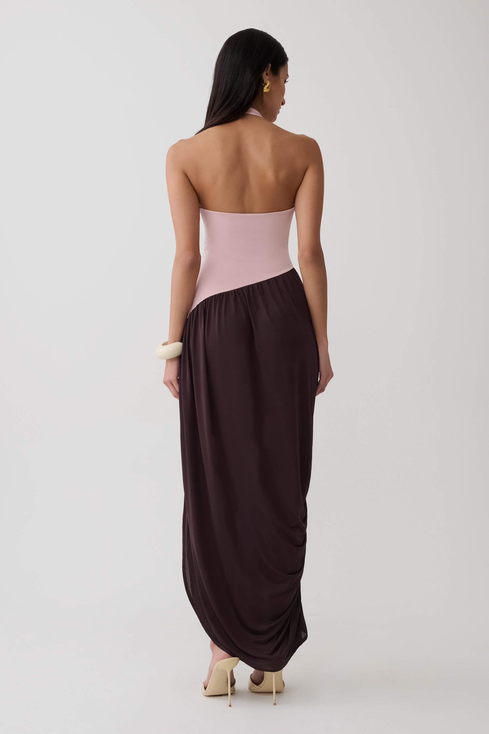 Nari Halter Gathered Maxi Dress - Muted Pink/Dark Chocolate #2