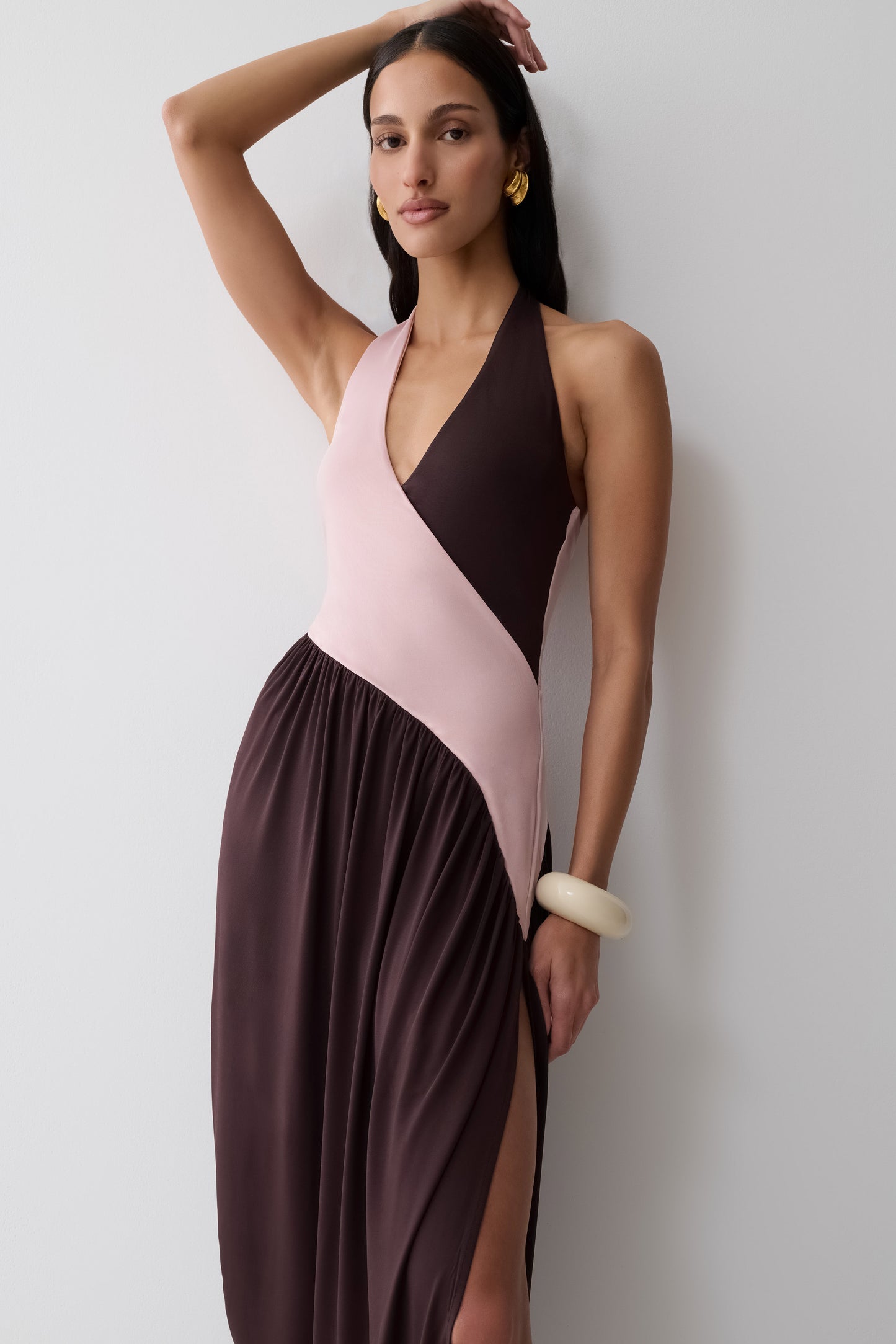 Nari Halter Gathered Maxi Dress - Muted Pink/Dark Chocolate