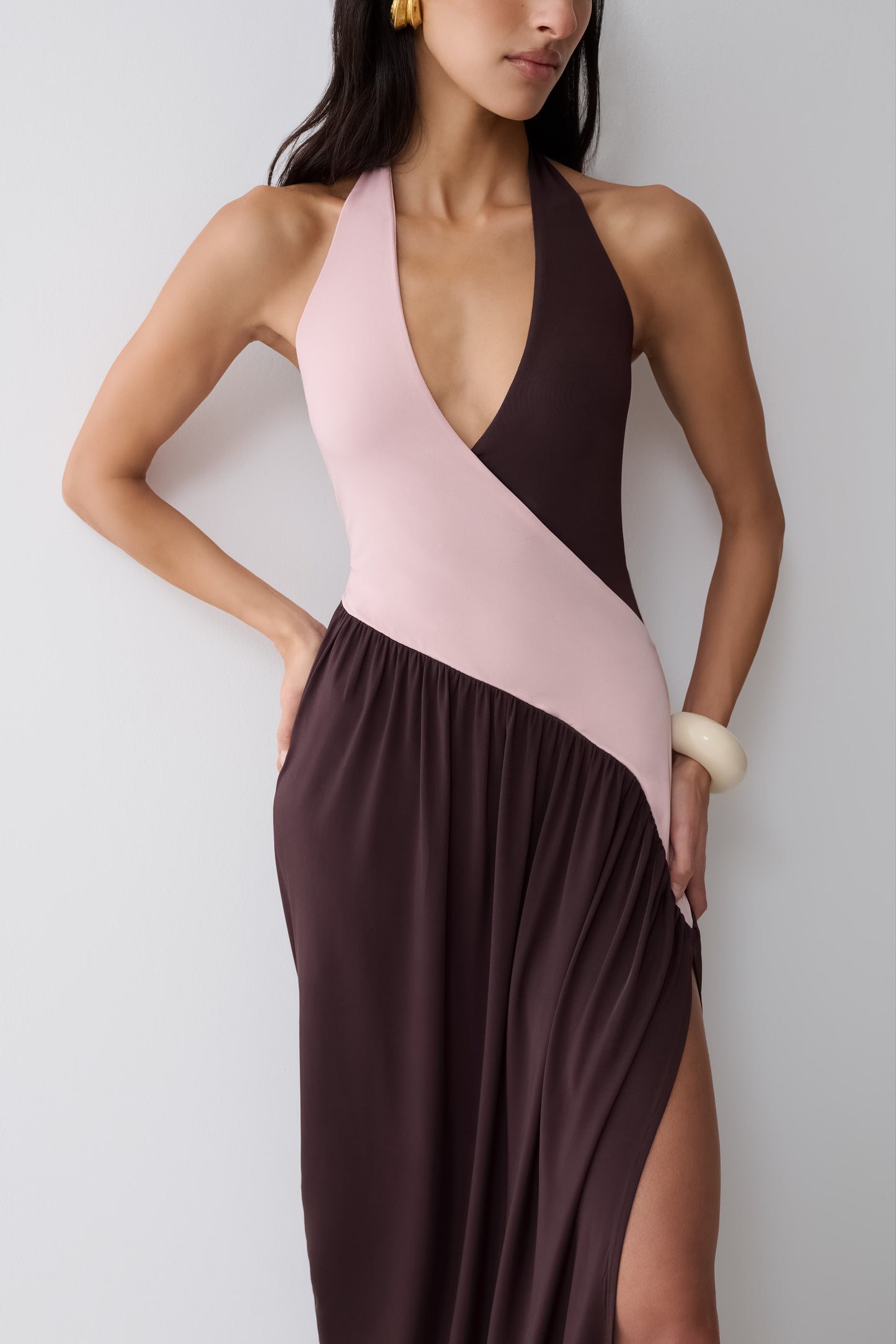 Nari Halter Gathered Maxi Dress - Muted Pink/Dark Chocolate