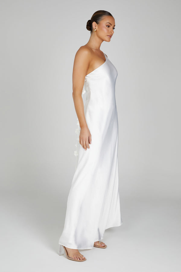 Rebecca One Shoulder Rose Maxi Dress - White