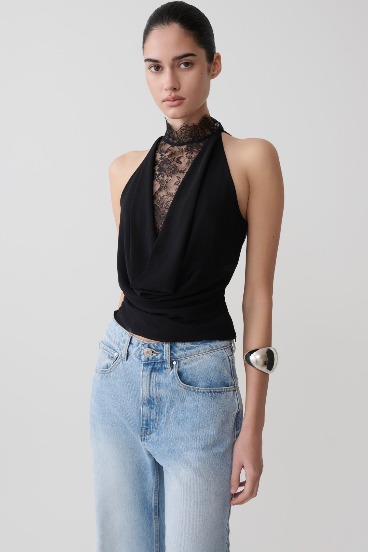 Arra Chiffon & Lace Halter Top - Black