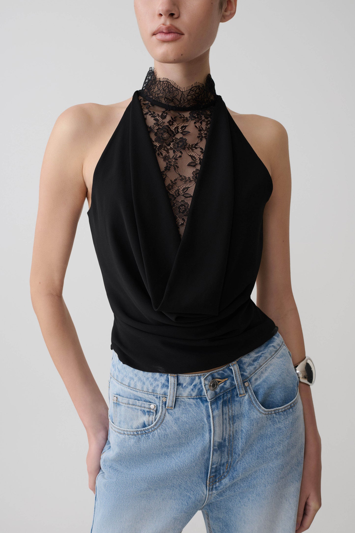 Arra Chiffon & Lace Halter Top - Black