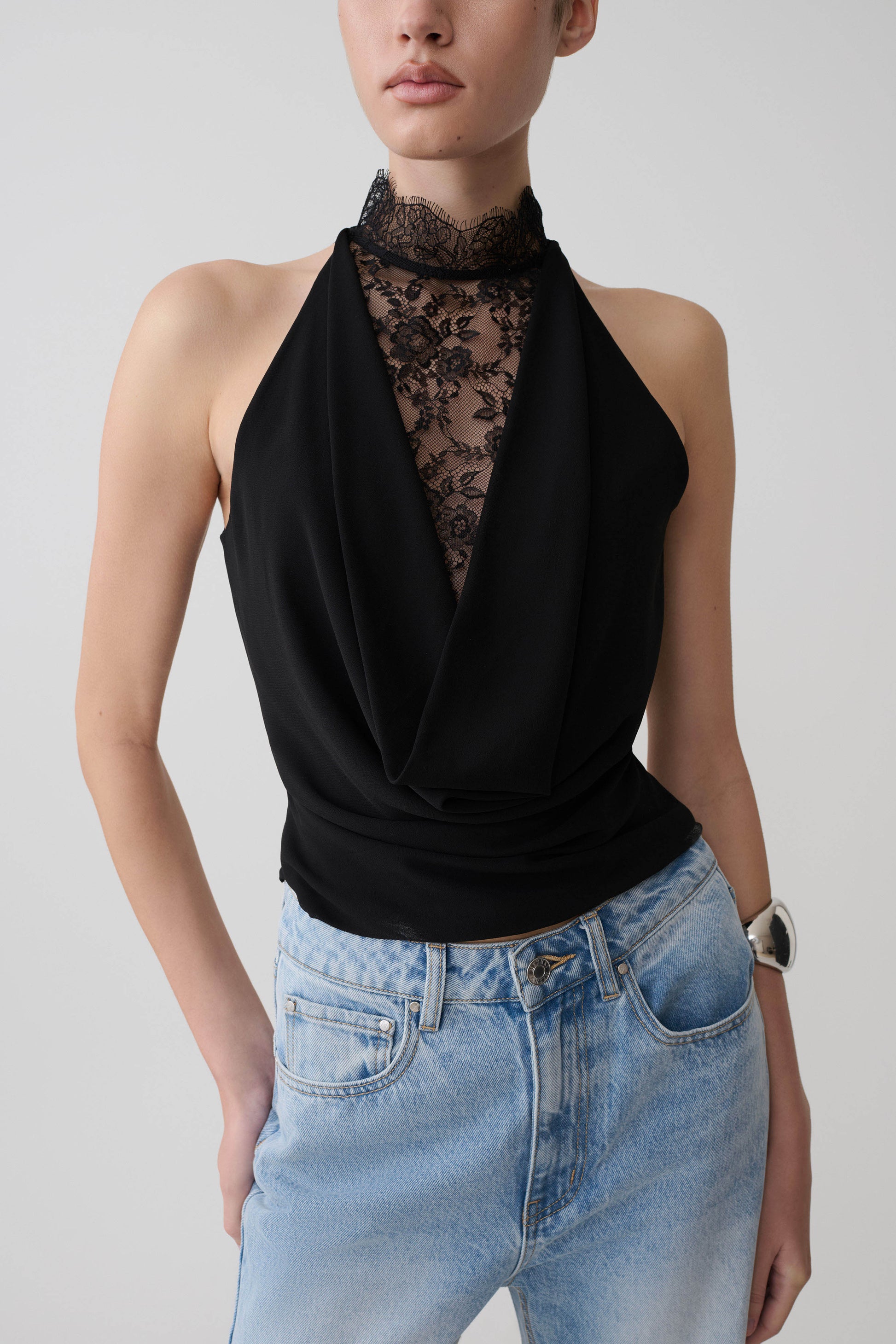 Arra Chiffon & Lace Halter Top - Black #3