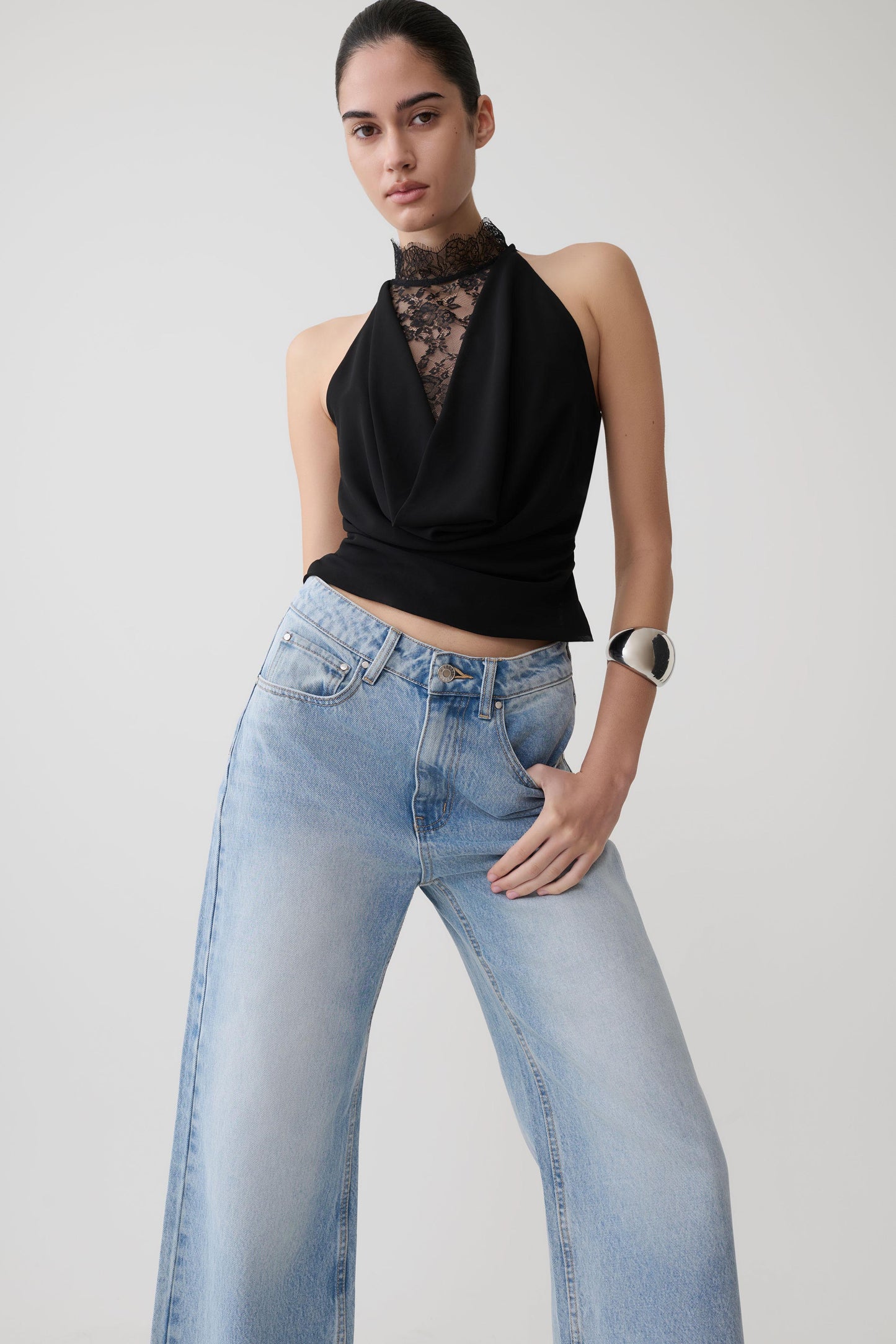 Arra Chiffon & Lace Halter Top - Black