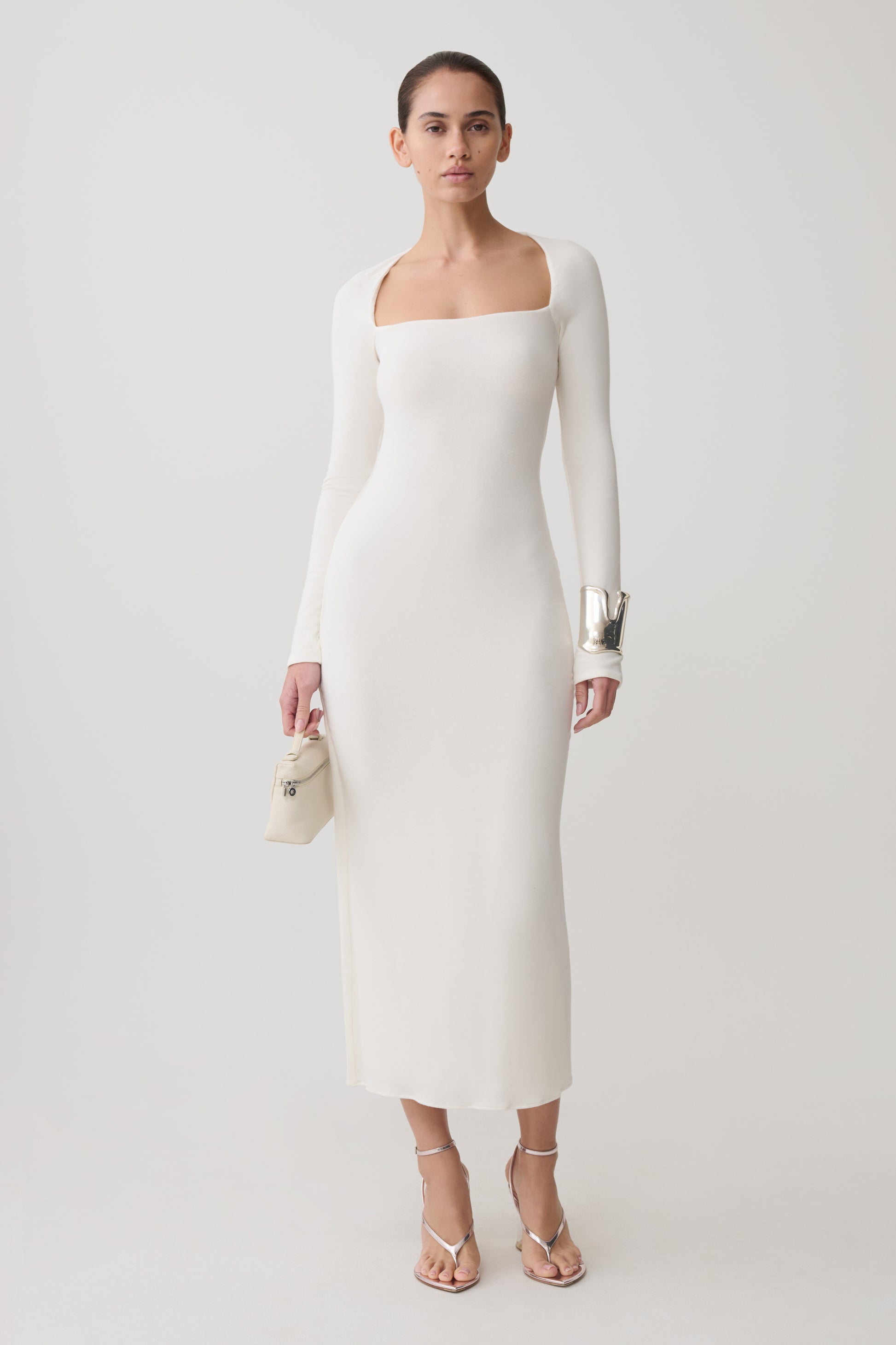 Freja Long Sleeve Wool Midi Dress - White #7