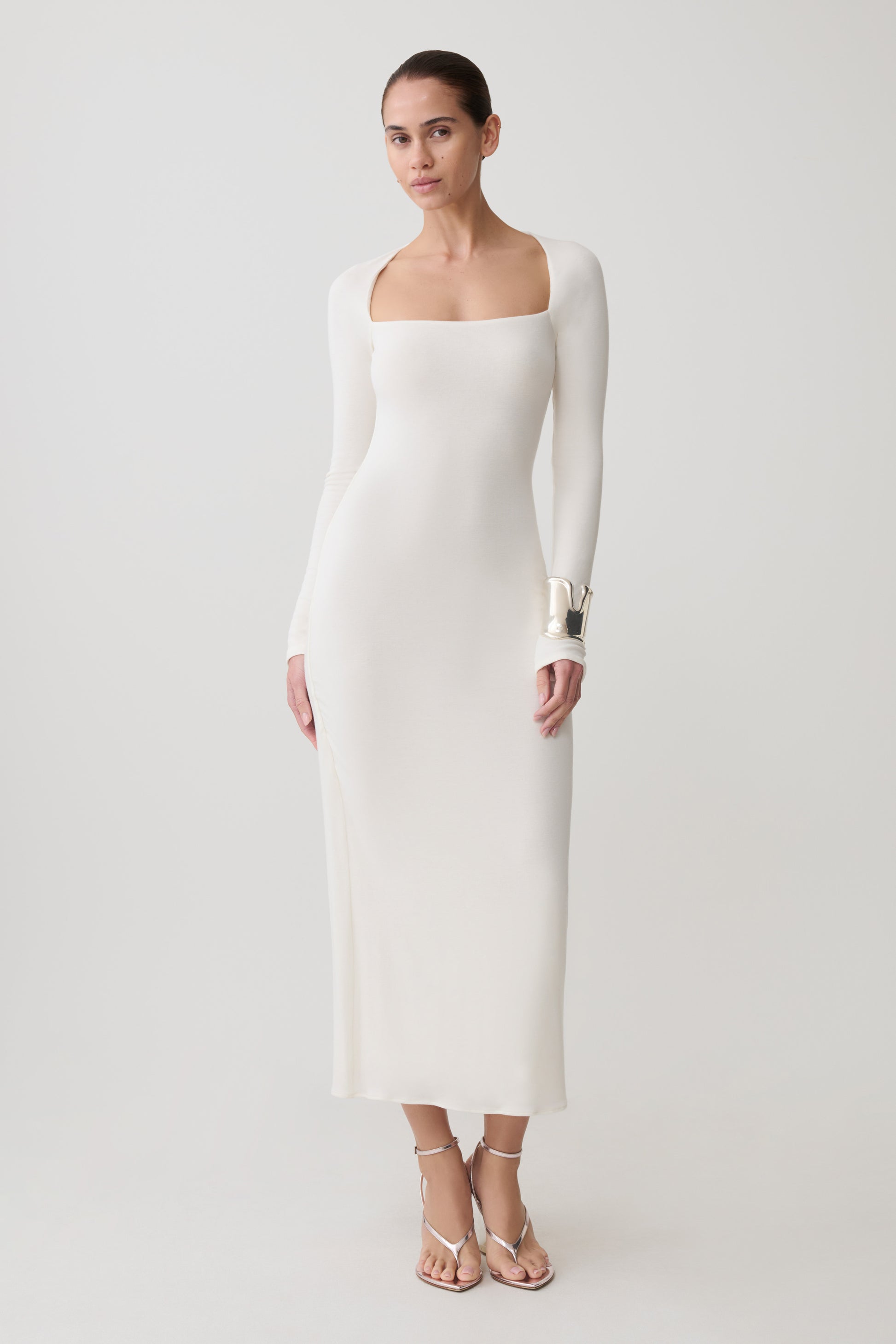 Freja Long Sleeve Wool Midi Dress - White #5