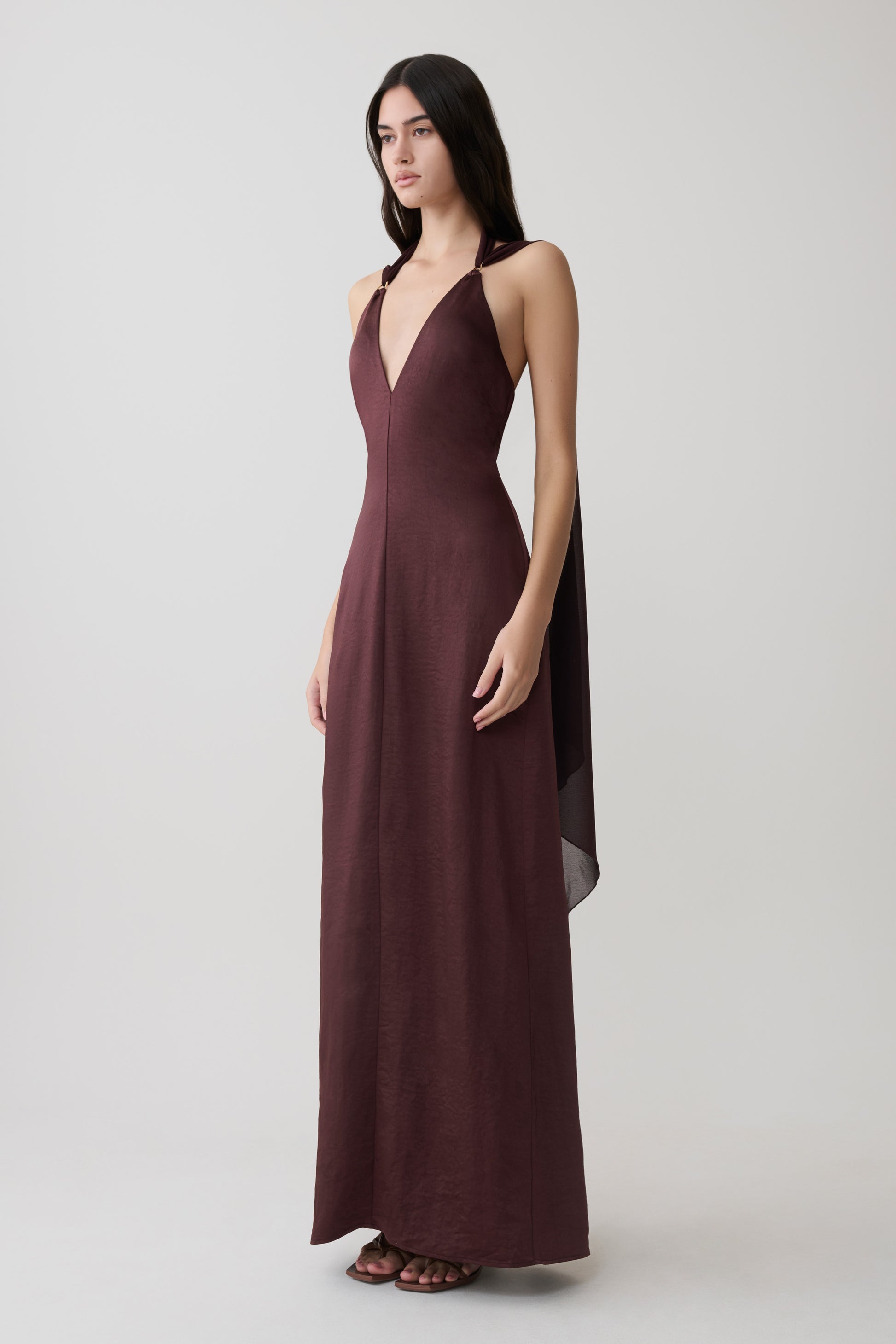 Myla Draped Shoulders Satin Maxi Dress - Chocolate #5