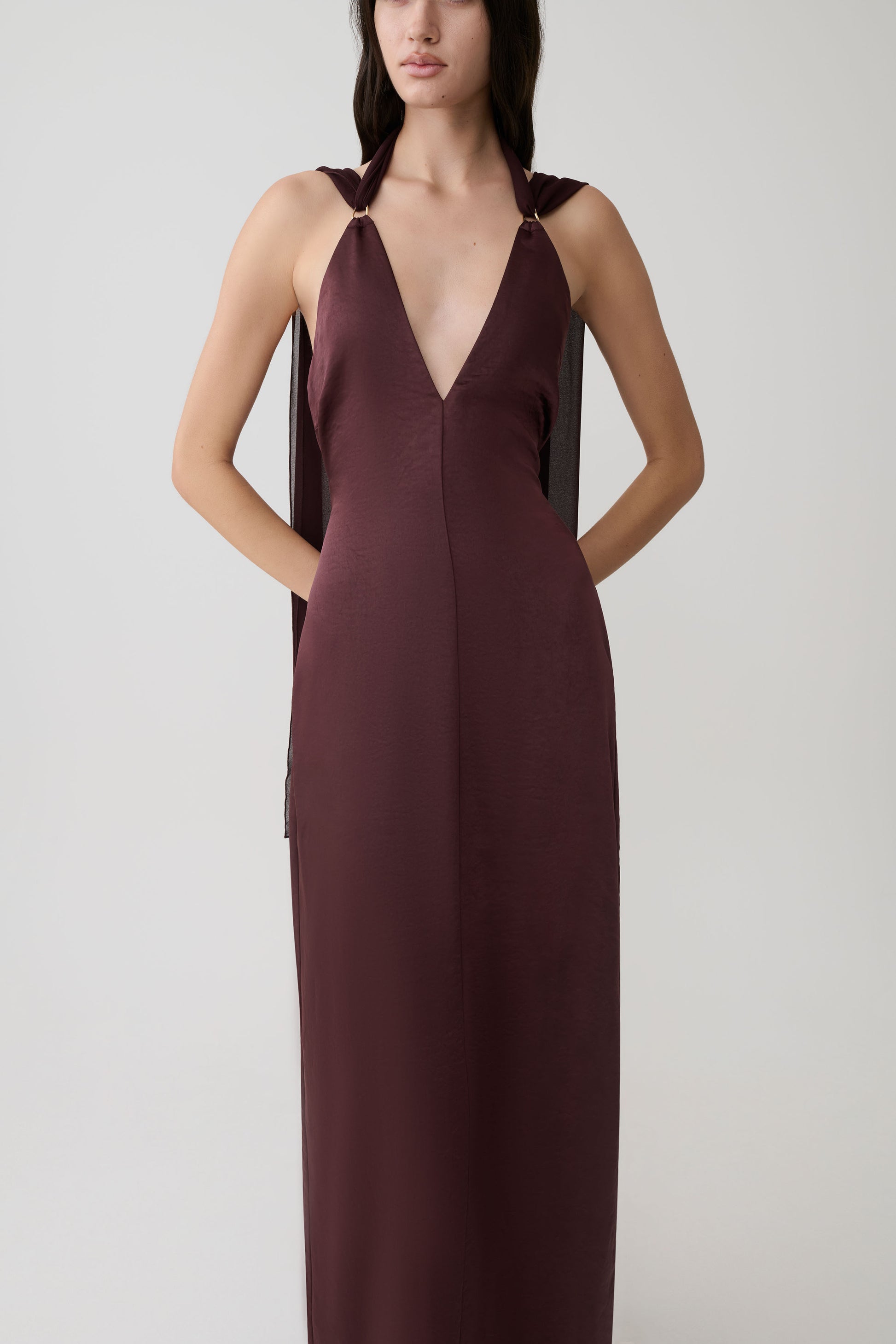 Myla Draped Shoulders Satin Maxi Dress - Chocolate #3