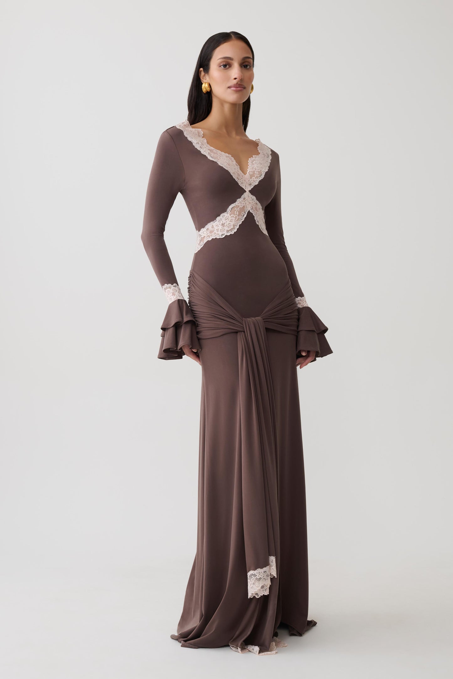 Electra Slinky Lace Maxi Dress - Chocolate/Ballet Pink
