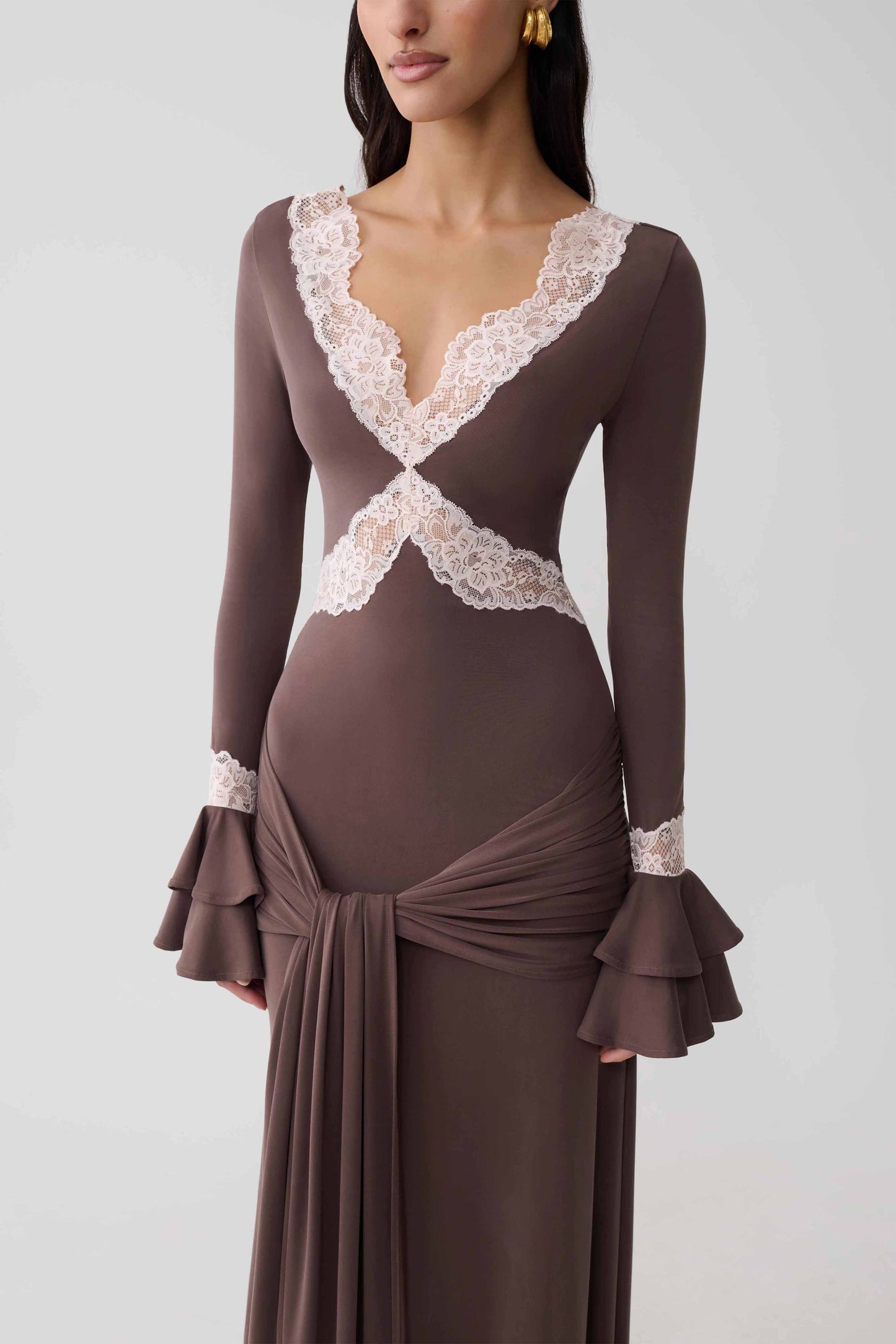 Electra Slinky Lace Maxi Dress - Chocolate/Ballet Pink